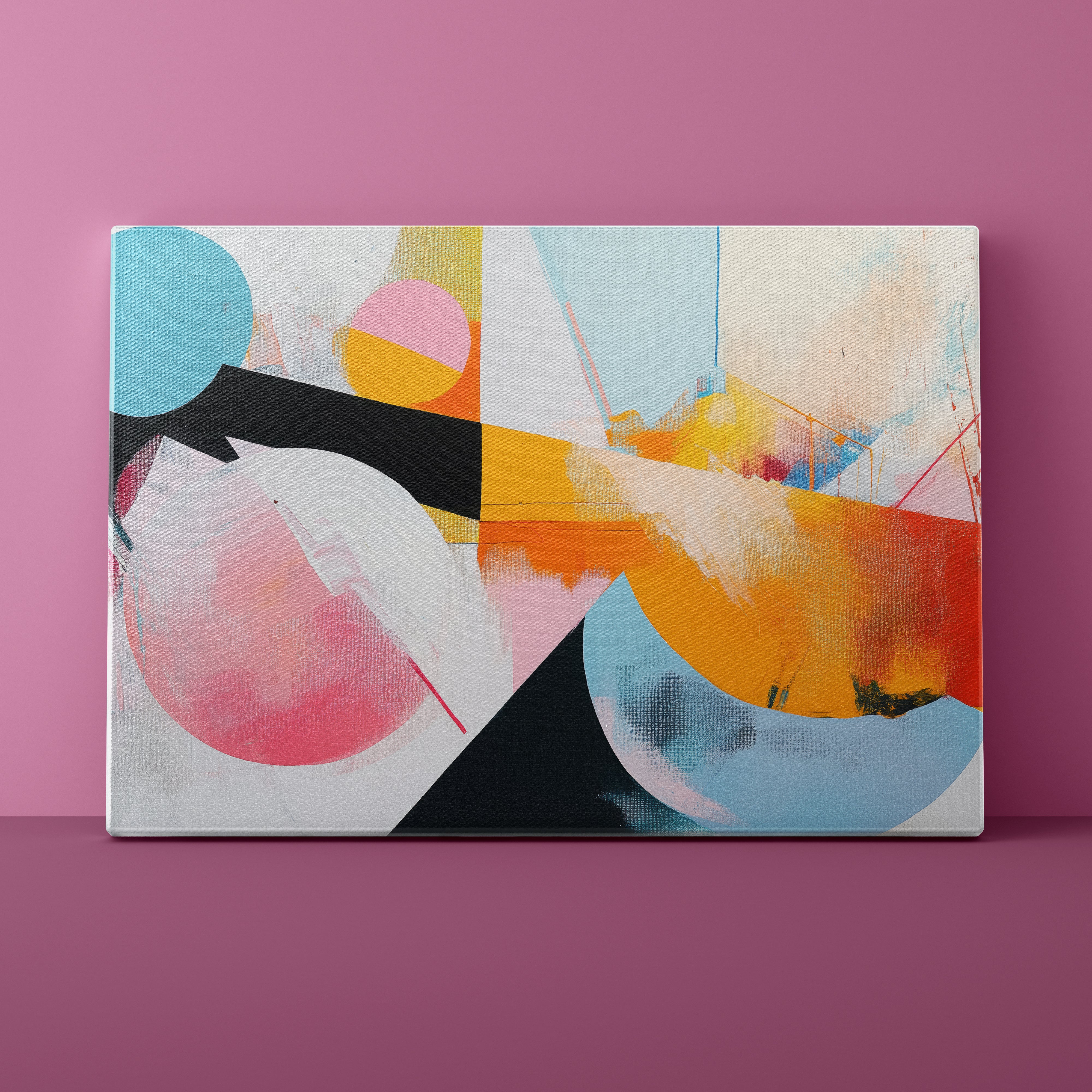 Abstract art canvas with colorful geometric shapes on a pink background