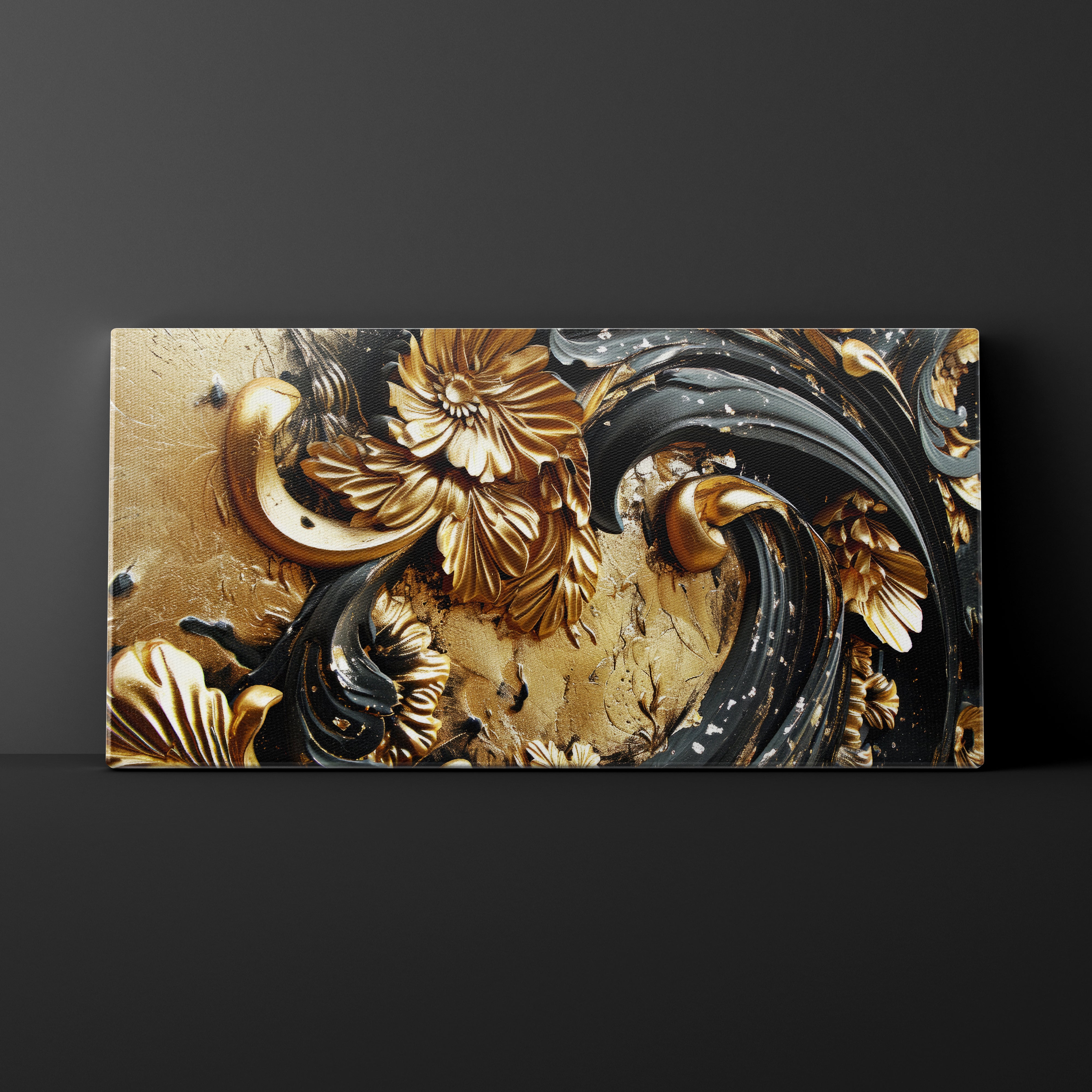 Decorative panel with gold and black floral patterns on a dark background