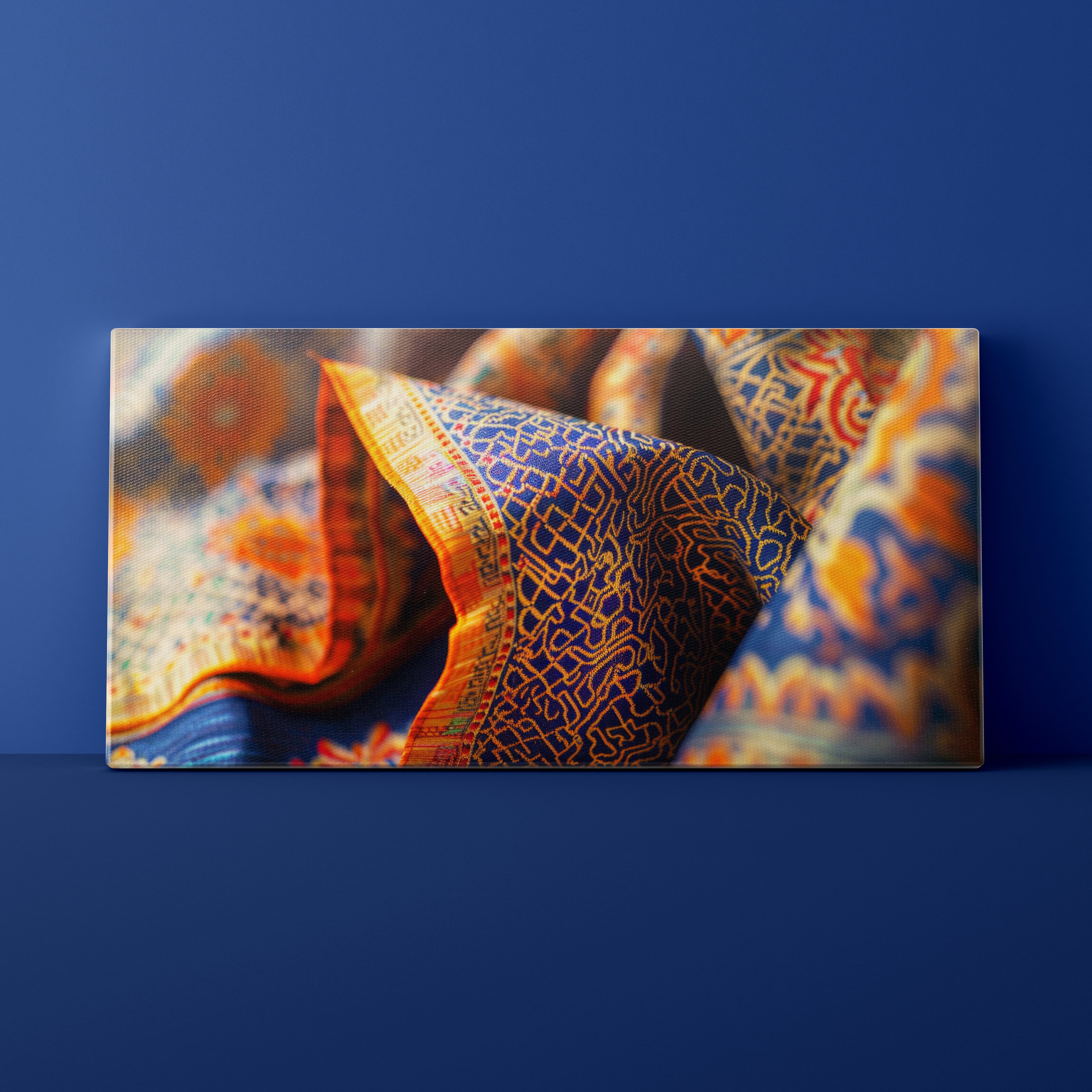 Decorative fabric with intricate patterns on a blue background