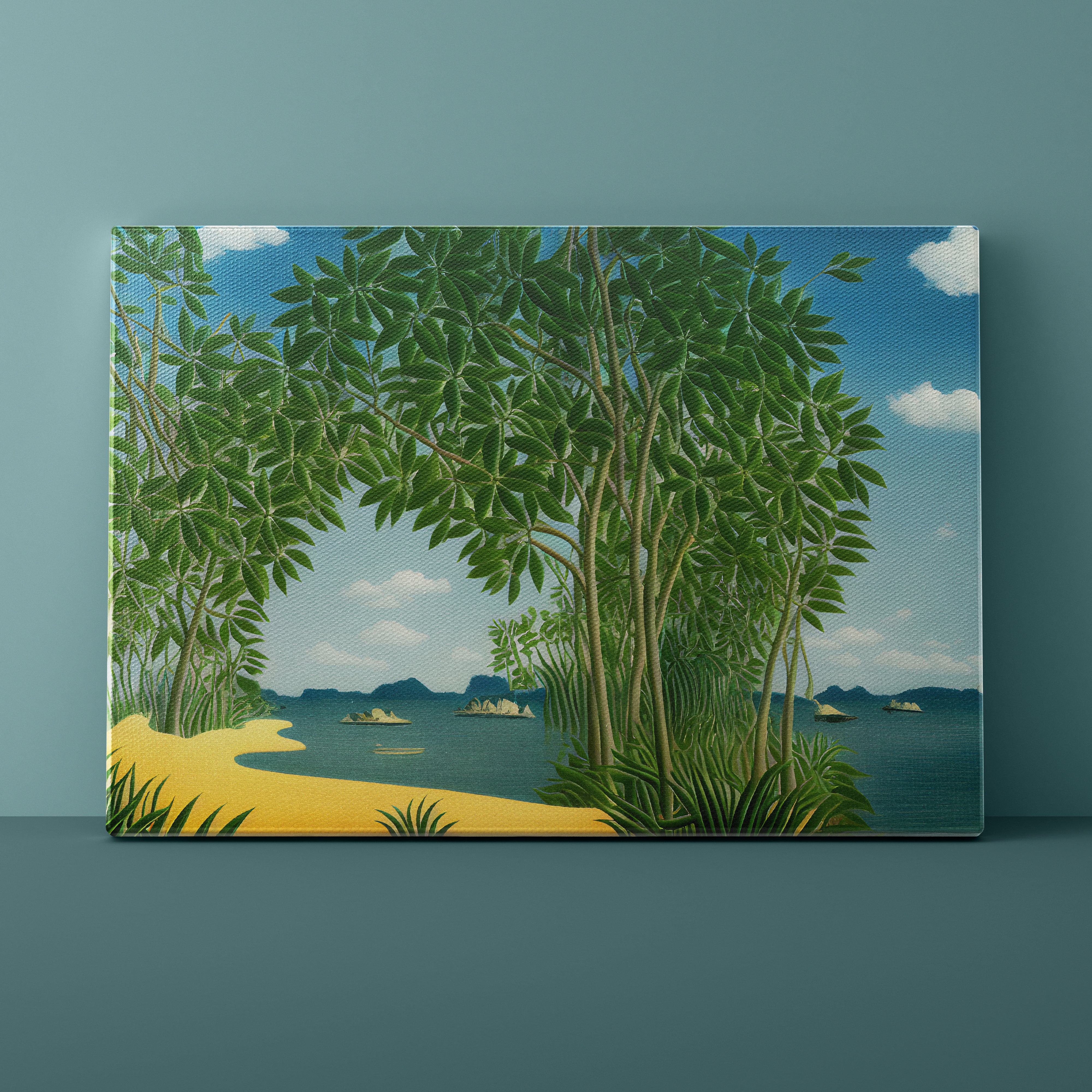 Tropical landscape with trees, water, and mountains in the distance.