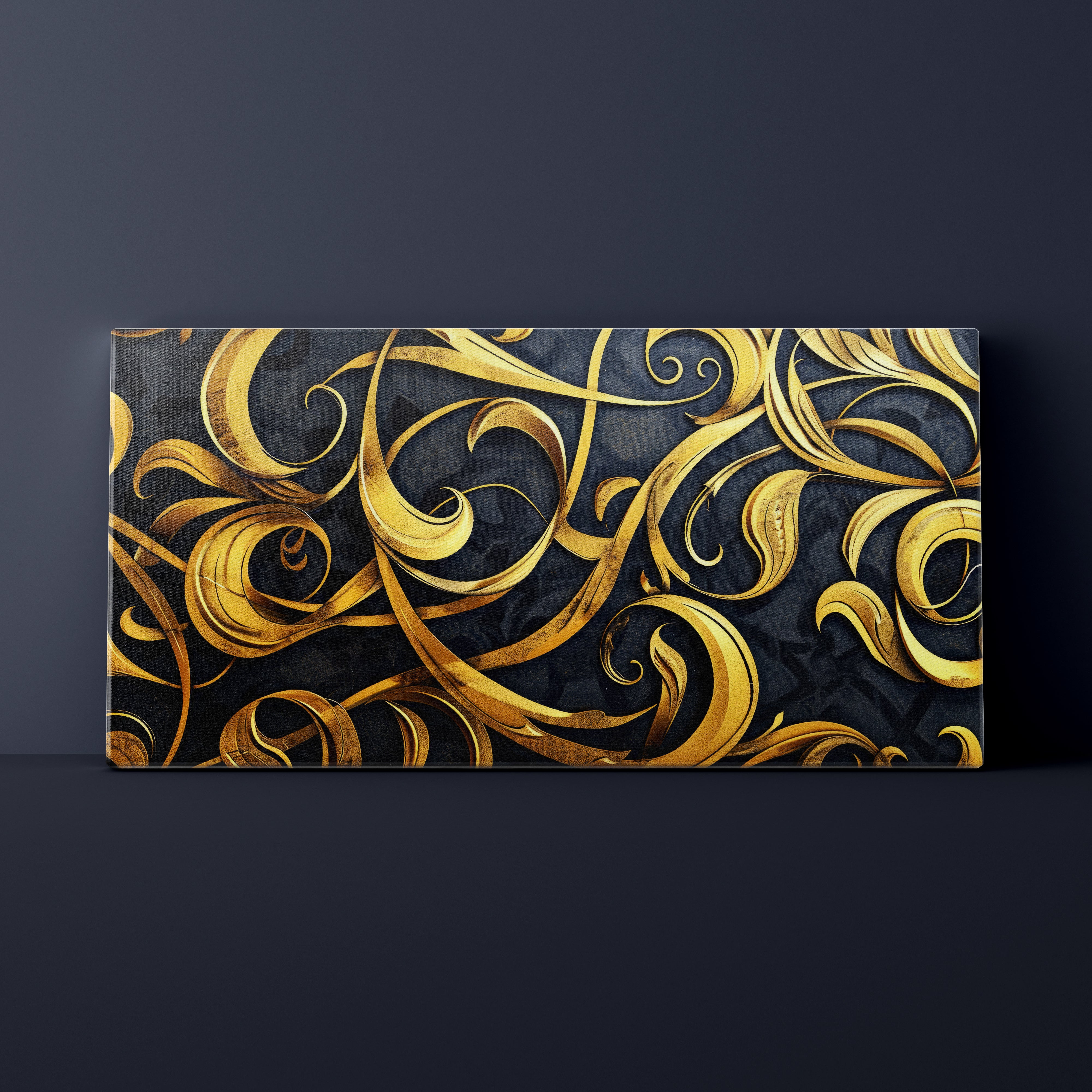 Decorative panel with gold swirl patterns on a black background
