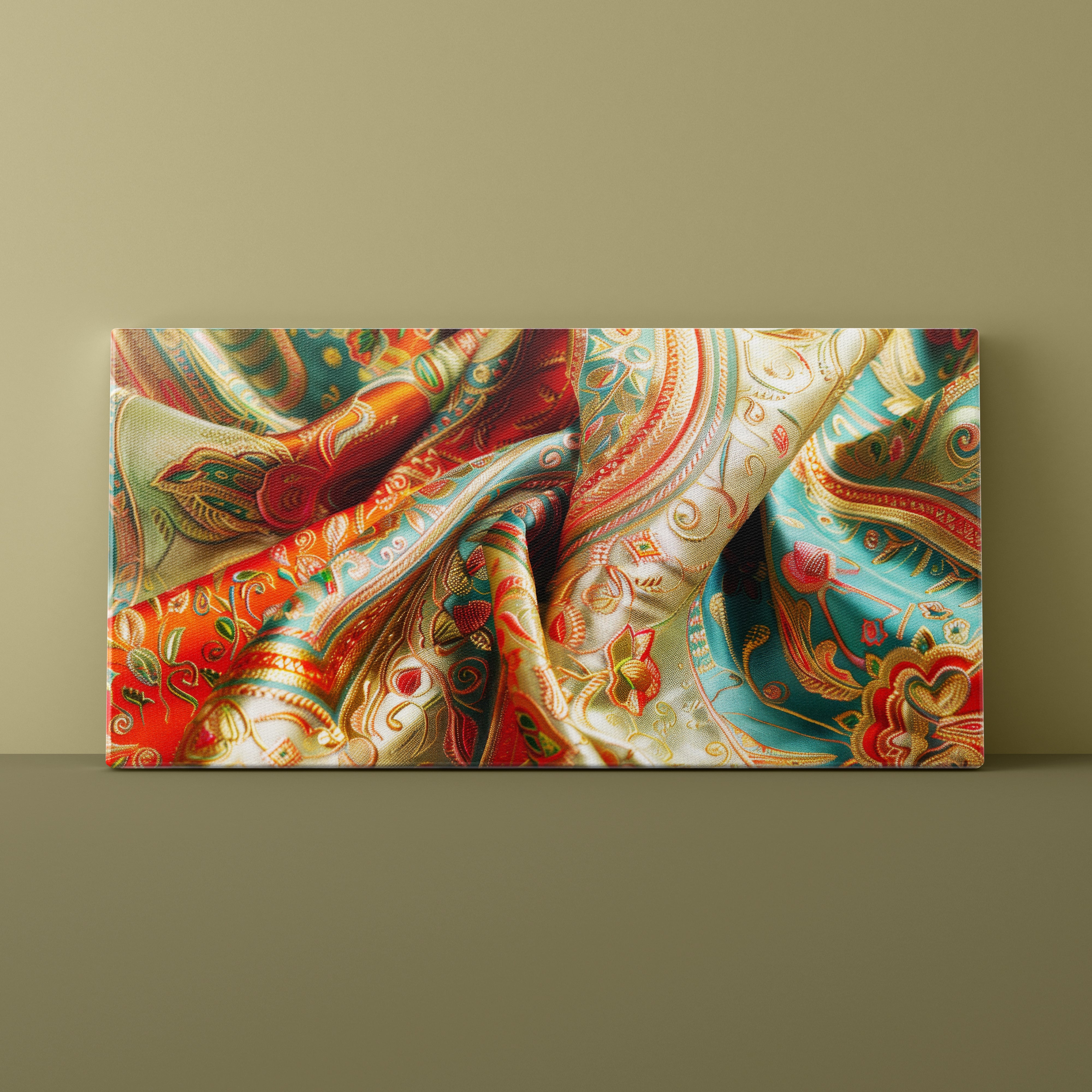 Colorful patterned fabric on a beige background