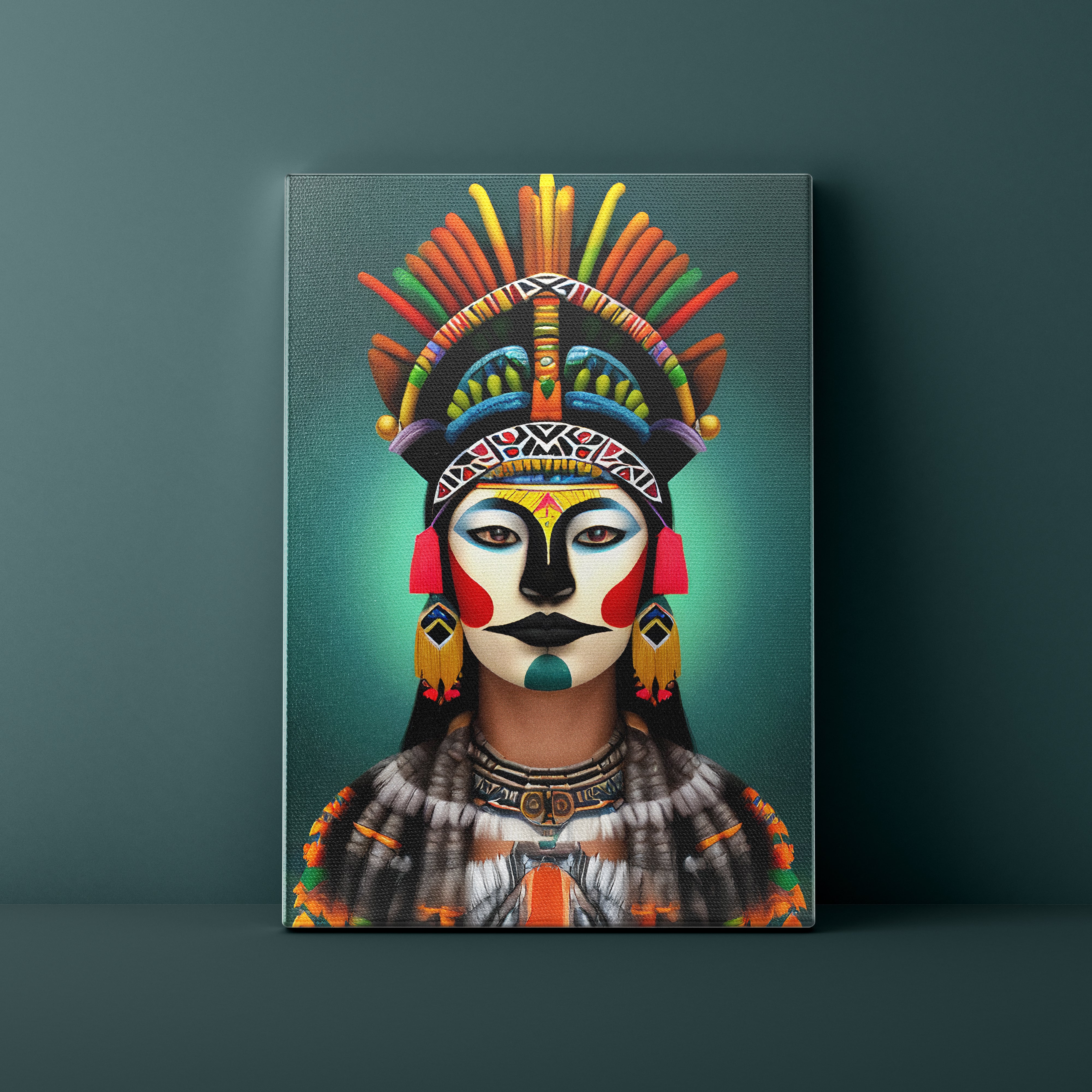 Canvas print of a stylized portrait with colorful headdress and makeup on a dark green background