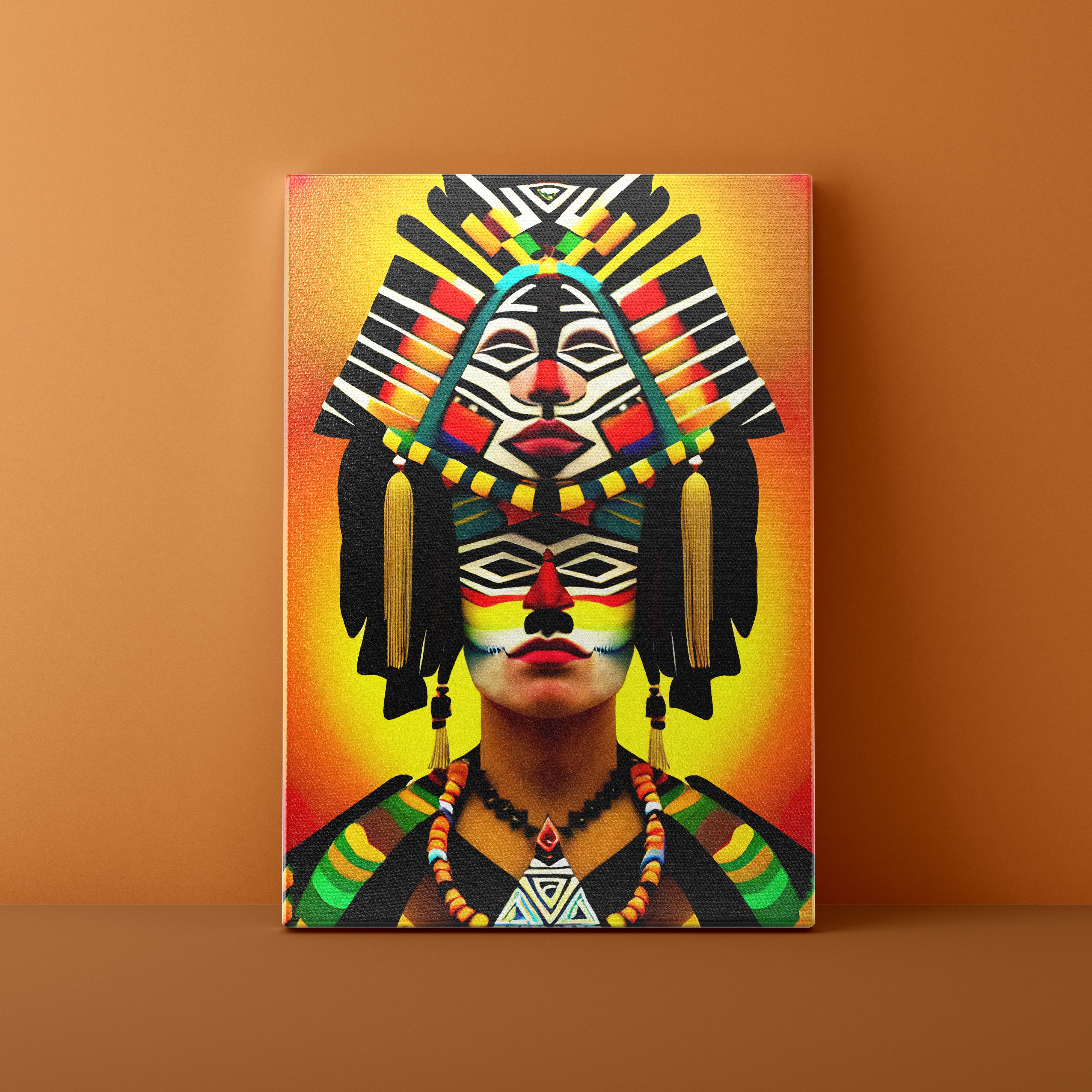 Canvas print of a stylized portrait with vibrant colors on a brown background