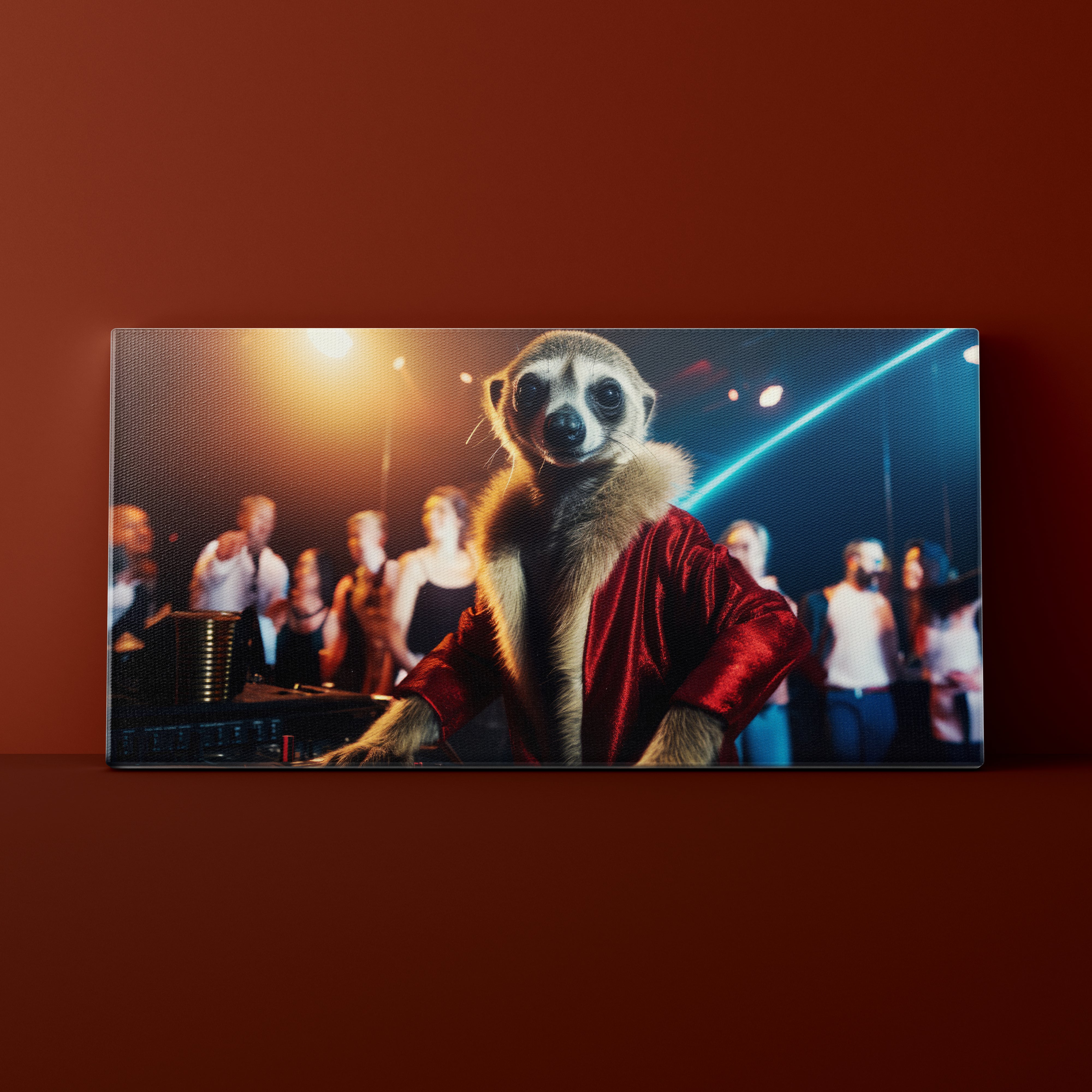 Sloth in a red outfit standing on a DJ turntable with people in the background