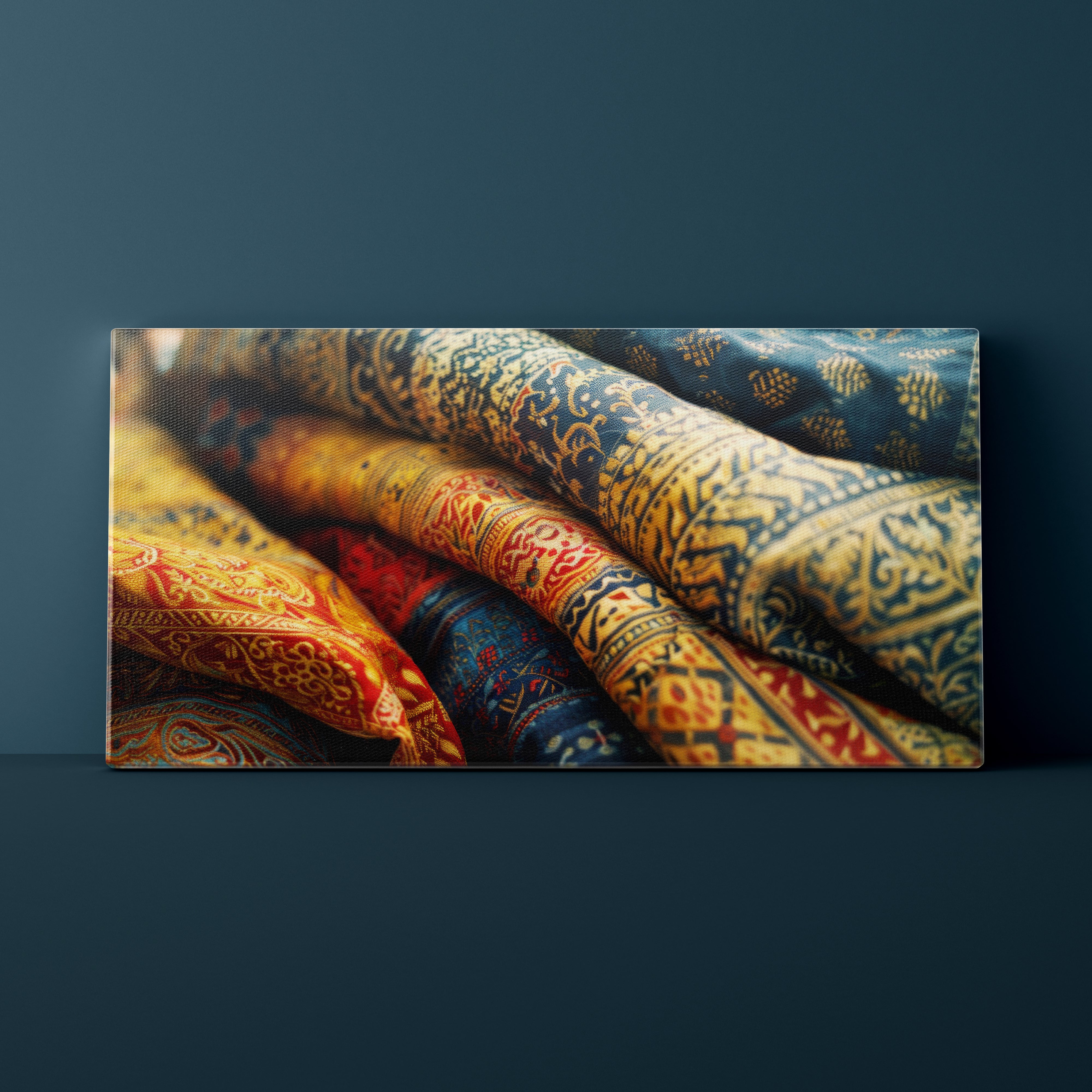 Stack of colorful patterned fabrics on a dark background