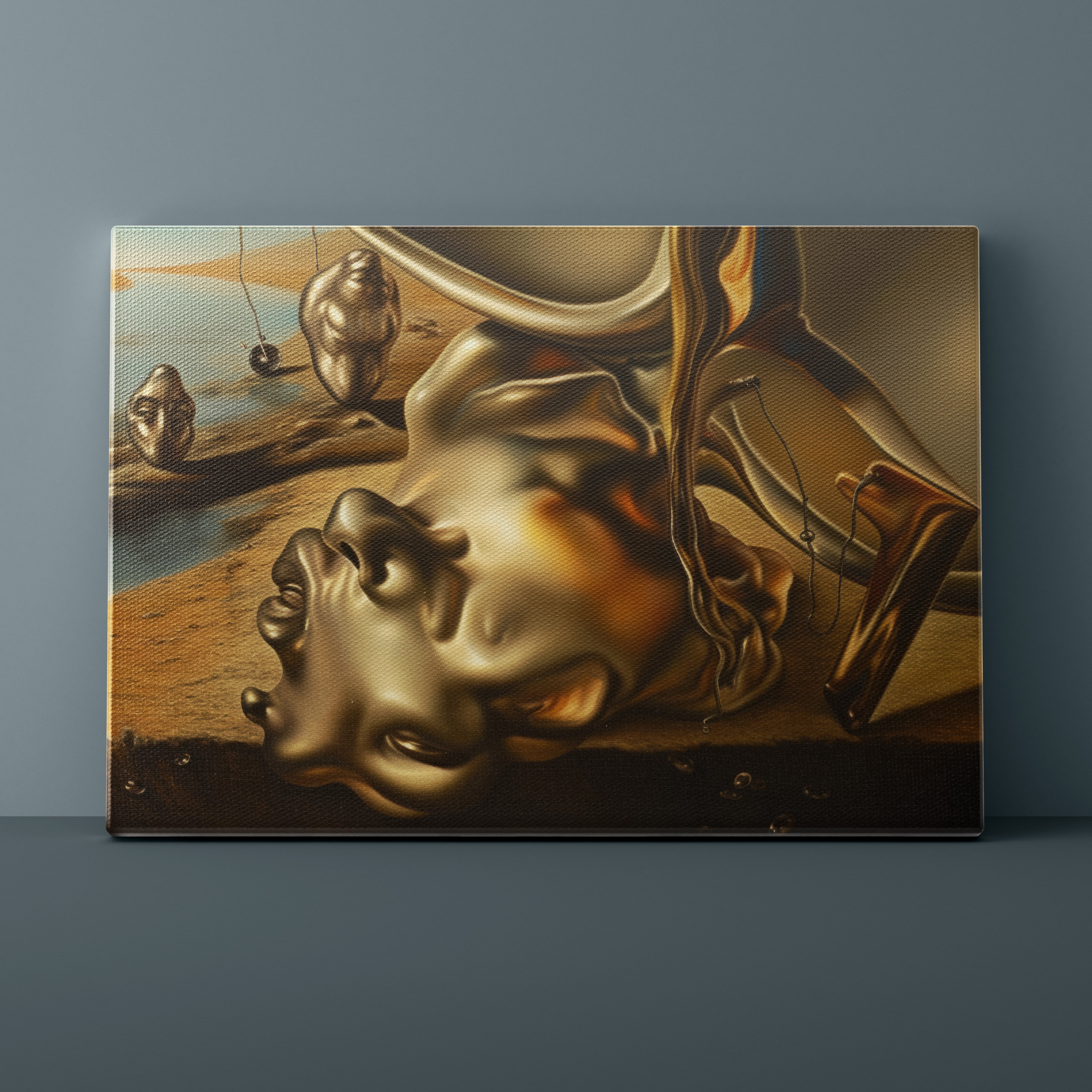 Abstract artwork with a classical sculpture and surreal elements on a dark gray background