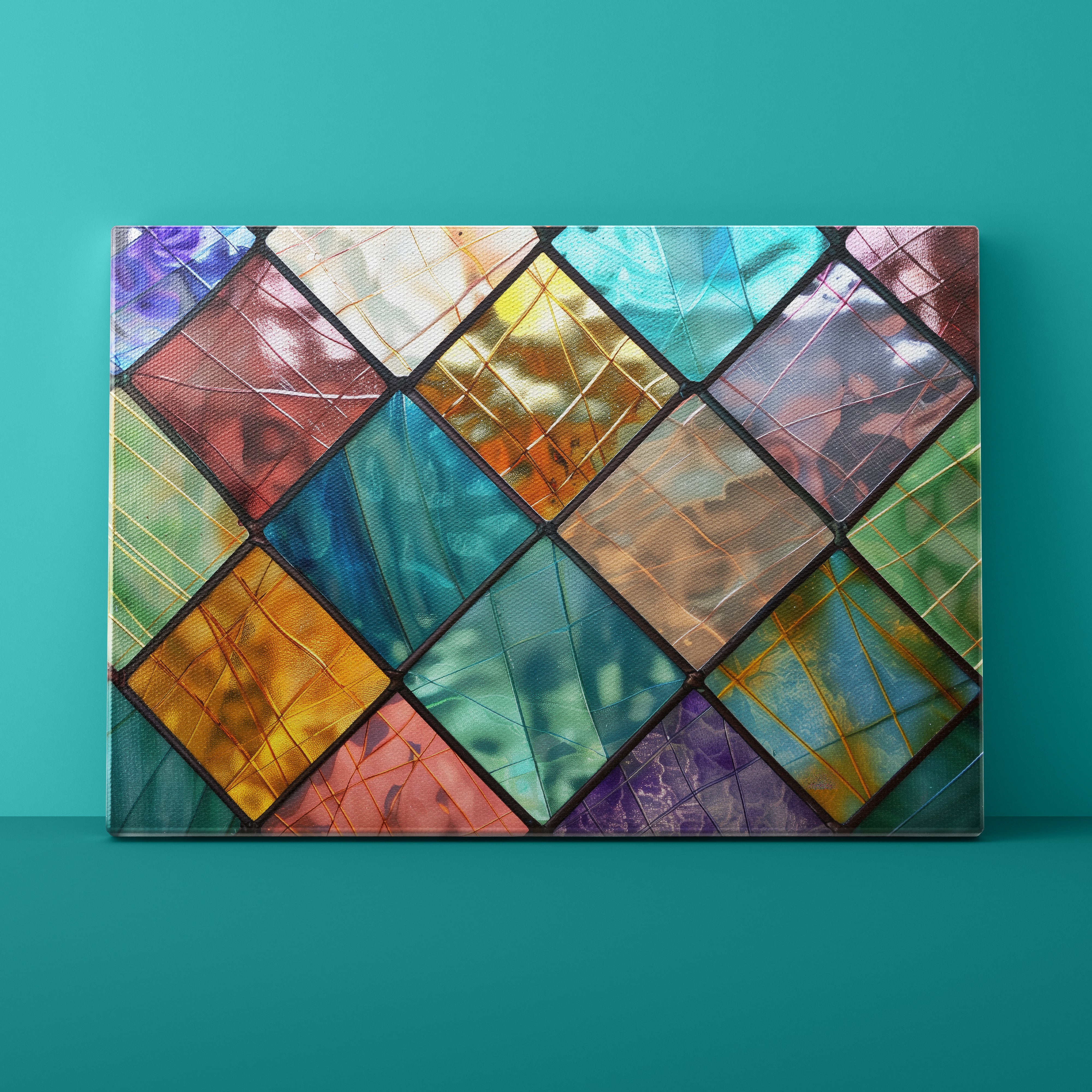 Colorful geometric patterned artwork on a teal background