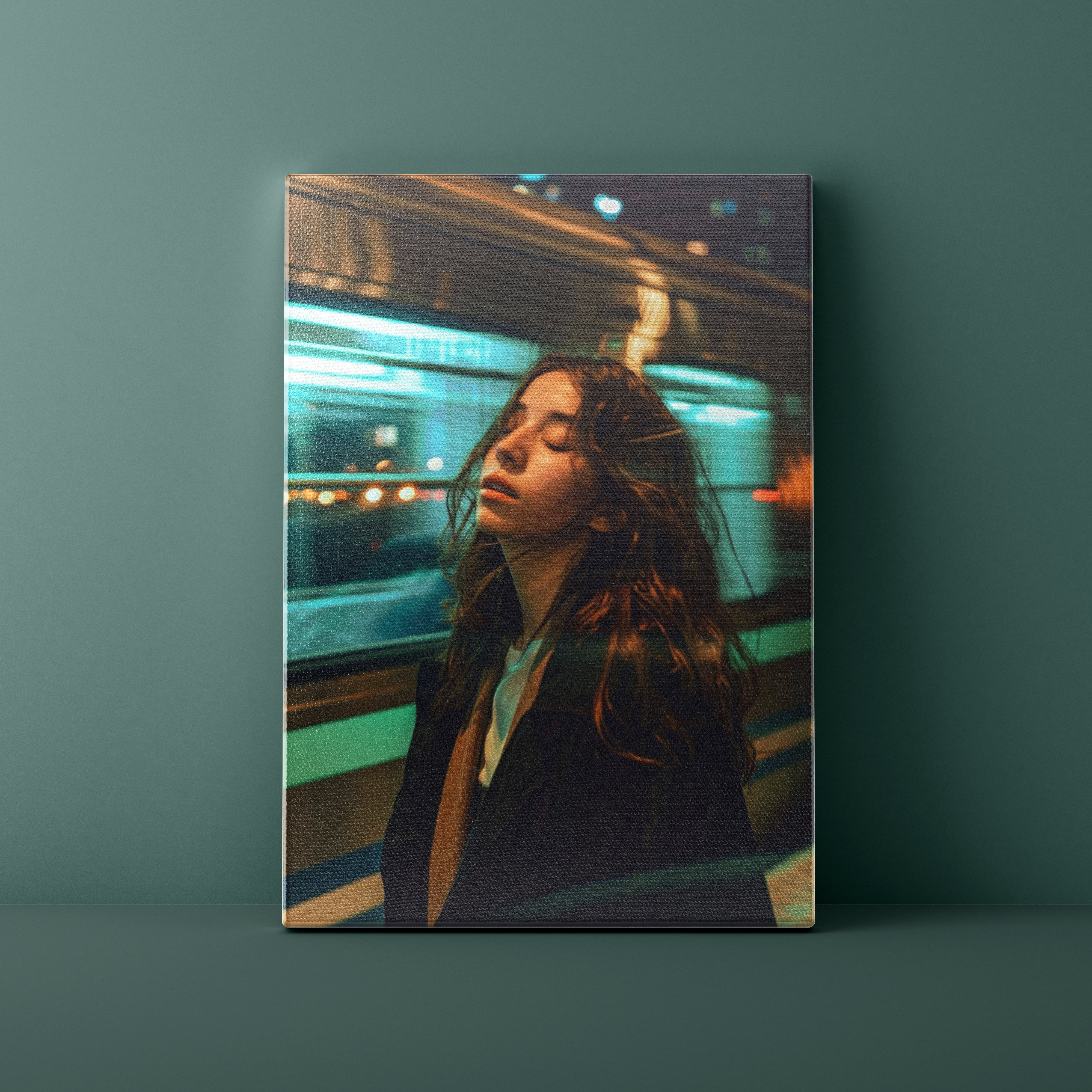 Woman sitting inside a train with a blurred background