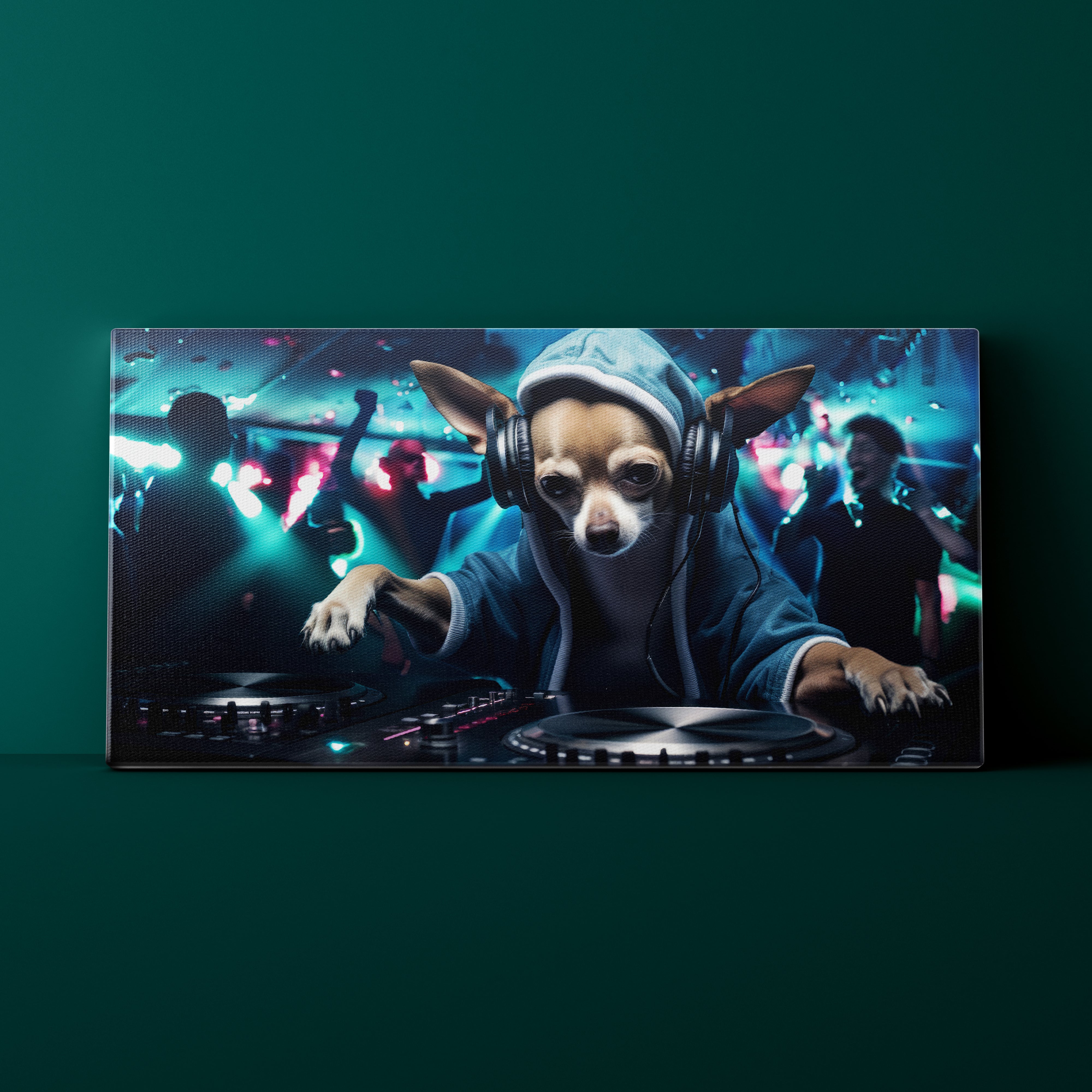 Dog wearing headphones and a hoodie on a DJ turntable with a club setting in the background