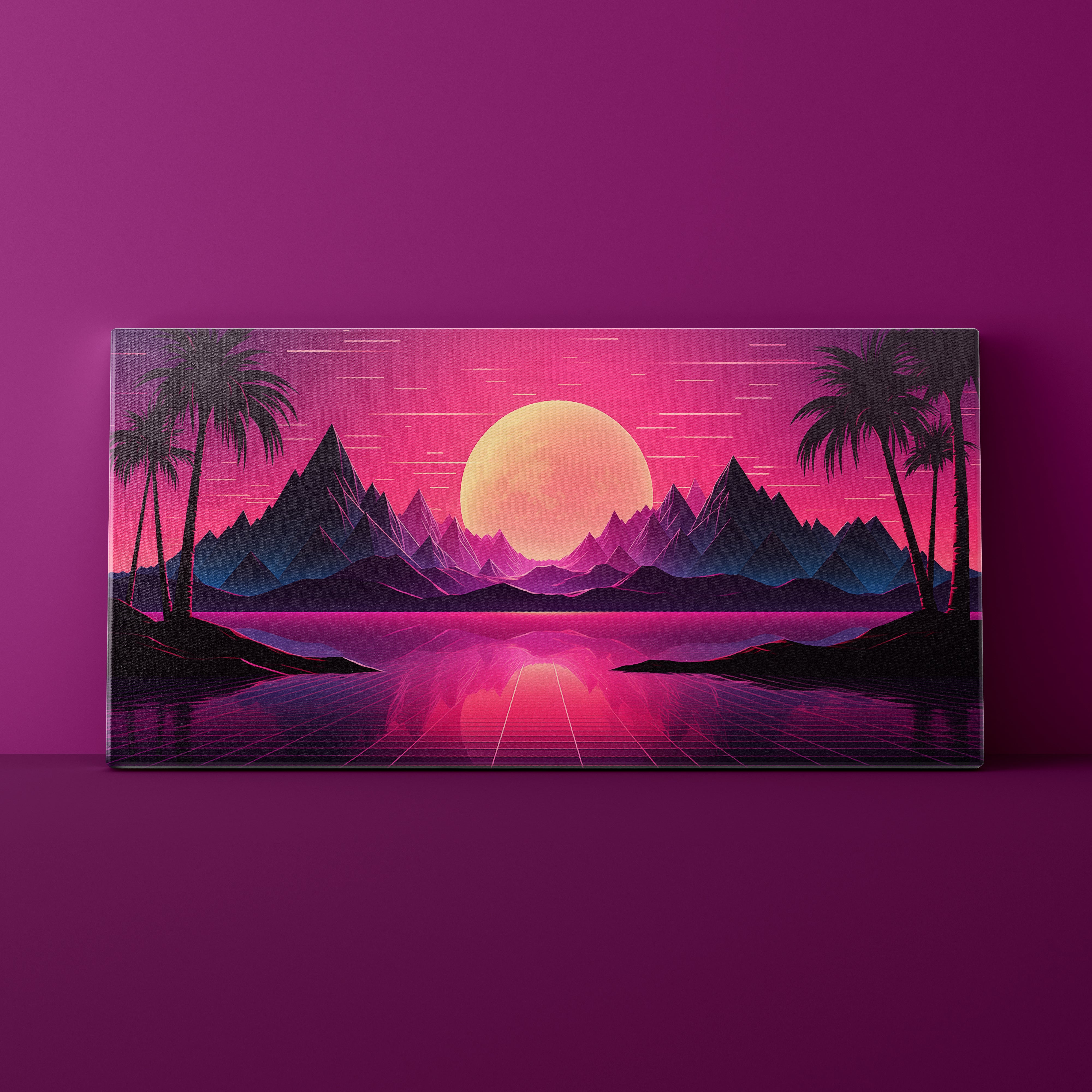 Futuristic landscape with mountains, palm trees, and a large moon on a purple background