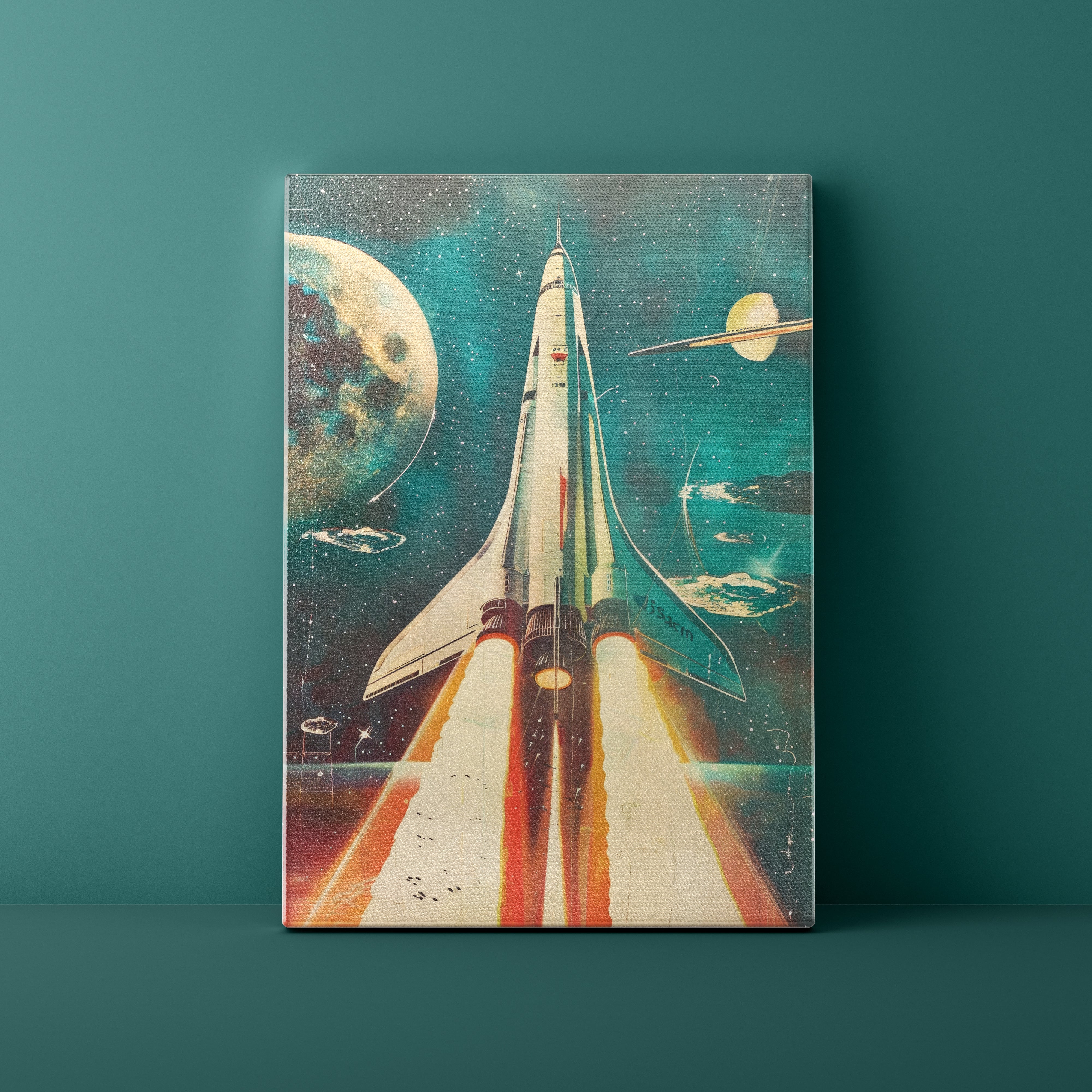 Canvas print of a retro-style rocket ship in space with planets on a teal background
