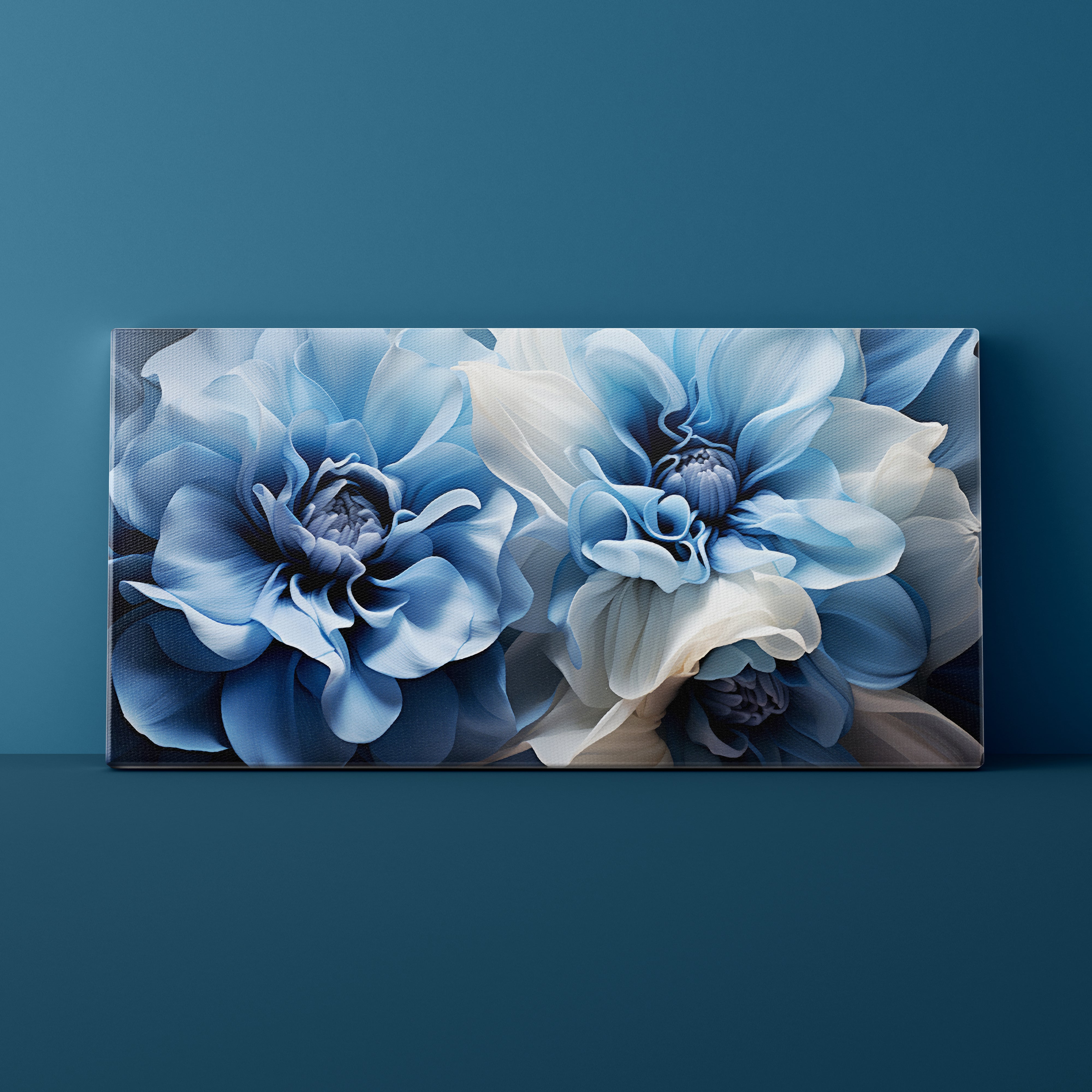 Canvas print of blue flowers on a dark blue wall