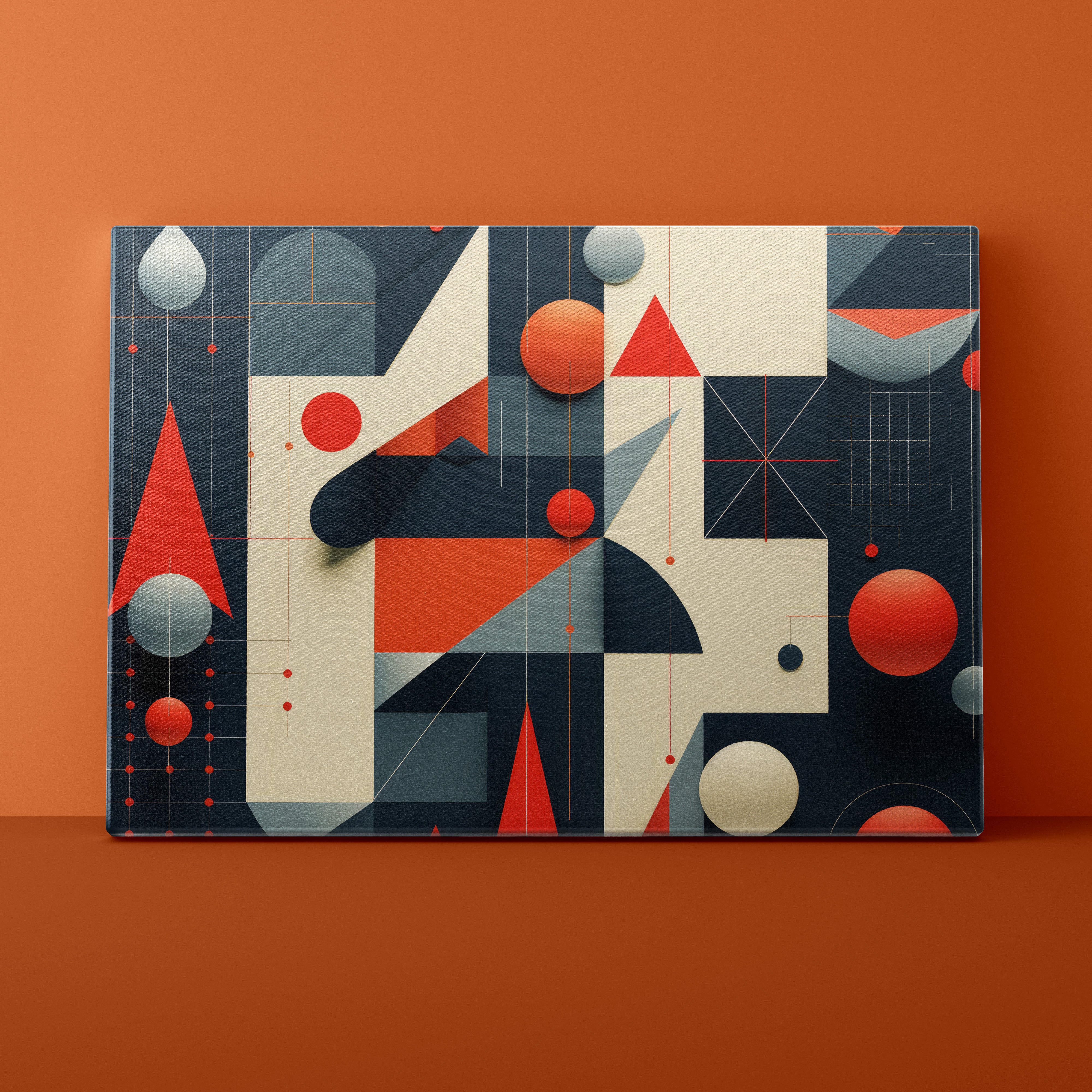Abstract geometric design on a canvas against an orange wall