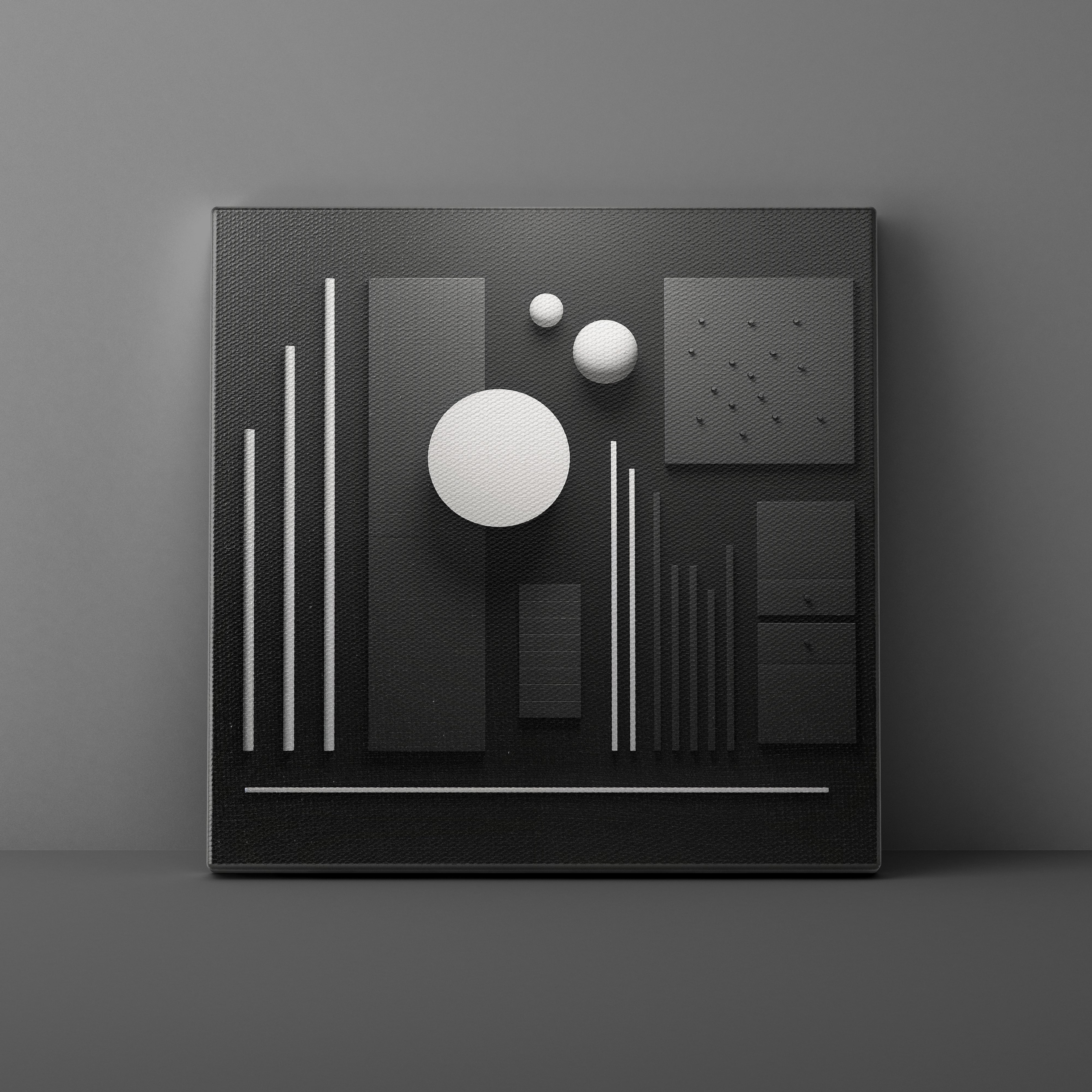 Black and white geometric design on a dark gray background