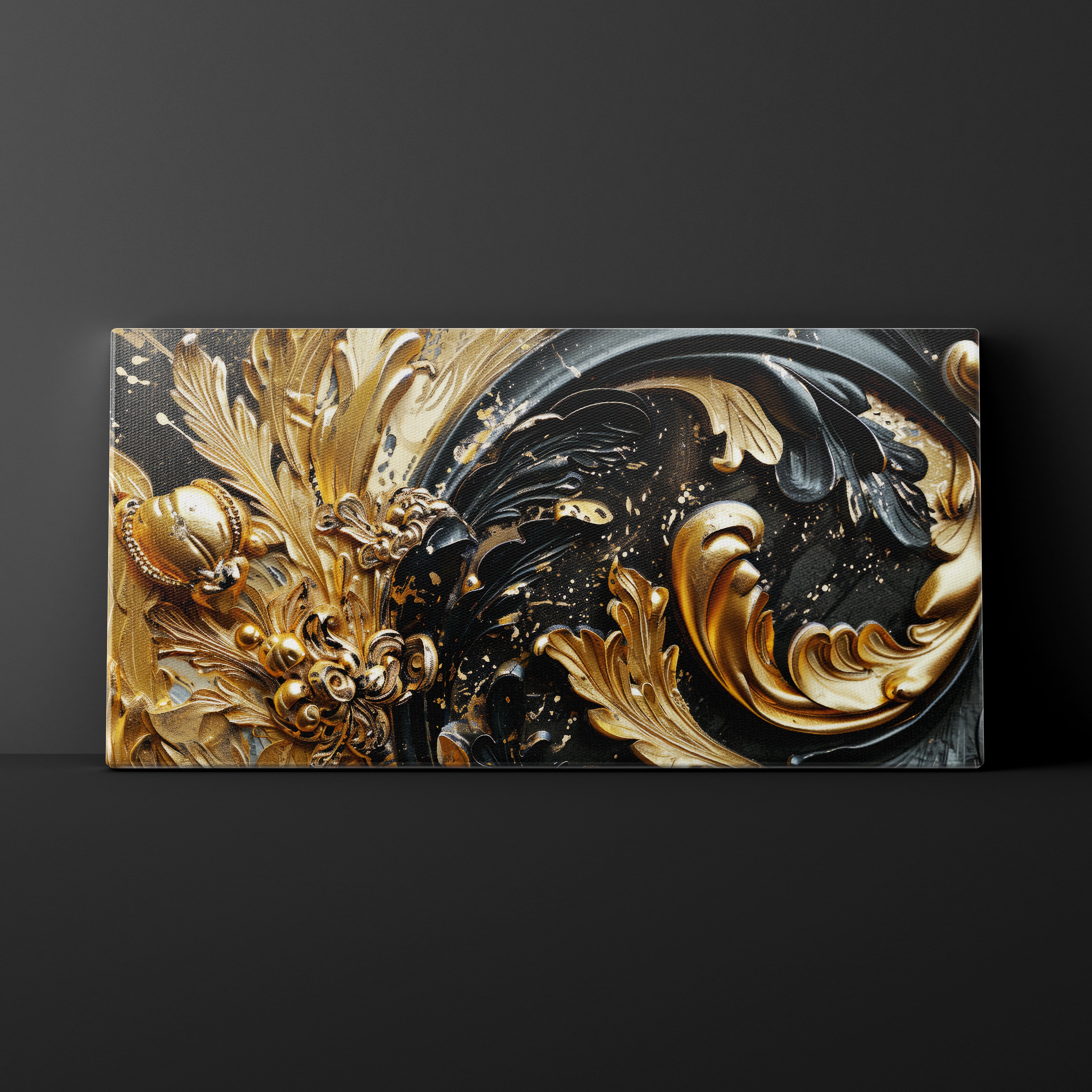 Decorative panel with gold and black leaf patterns on a dark background