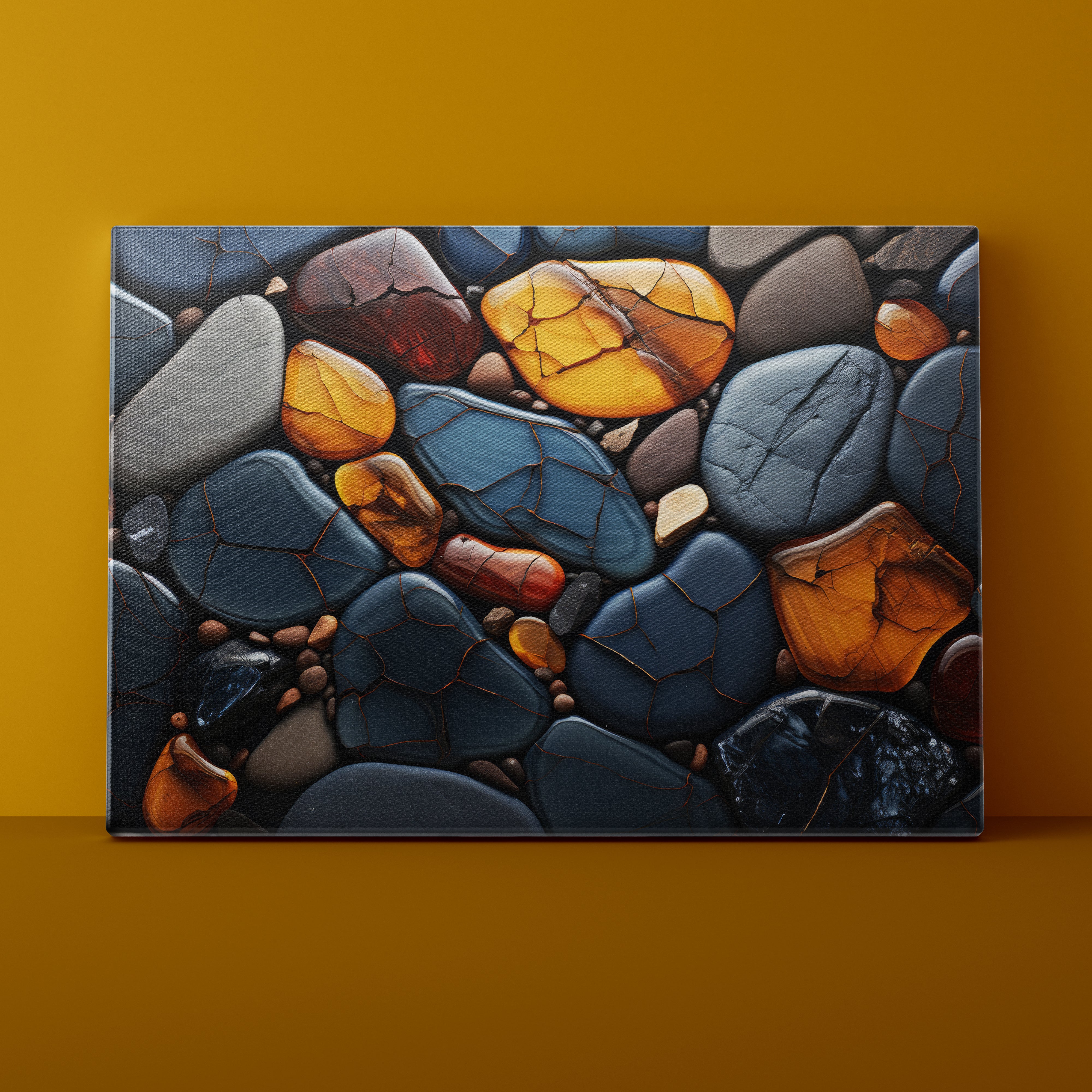 Canvas print of colorful stones on a yellow wall