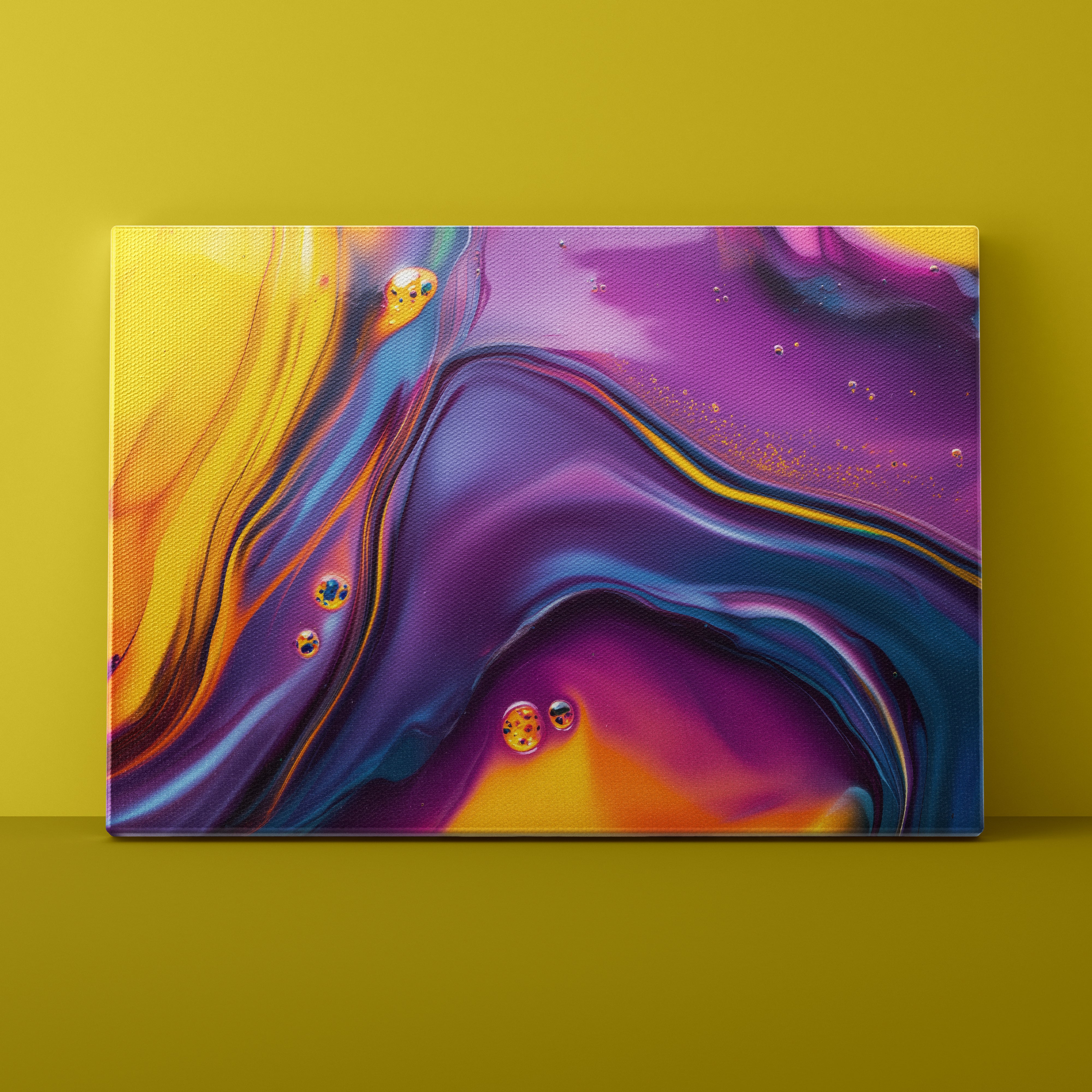 Abstract colorful painting on a yellow wall