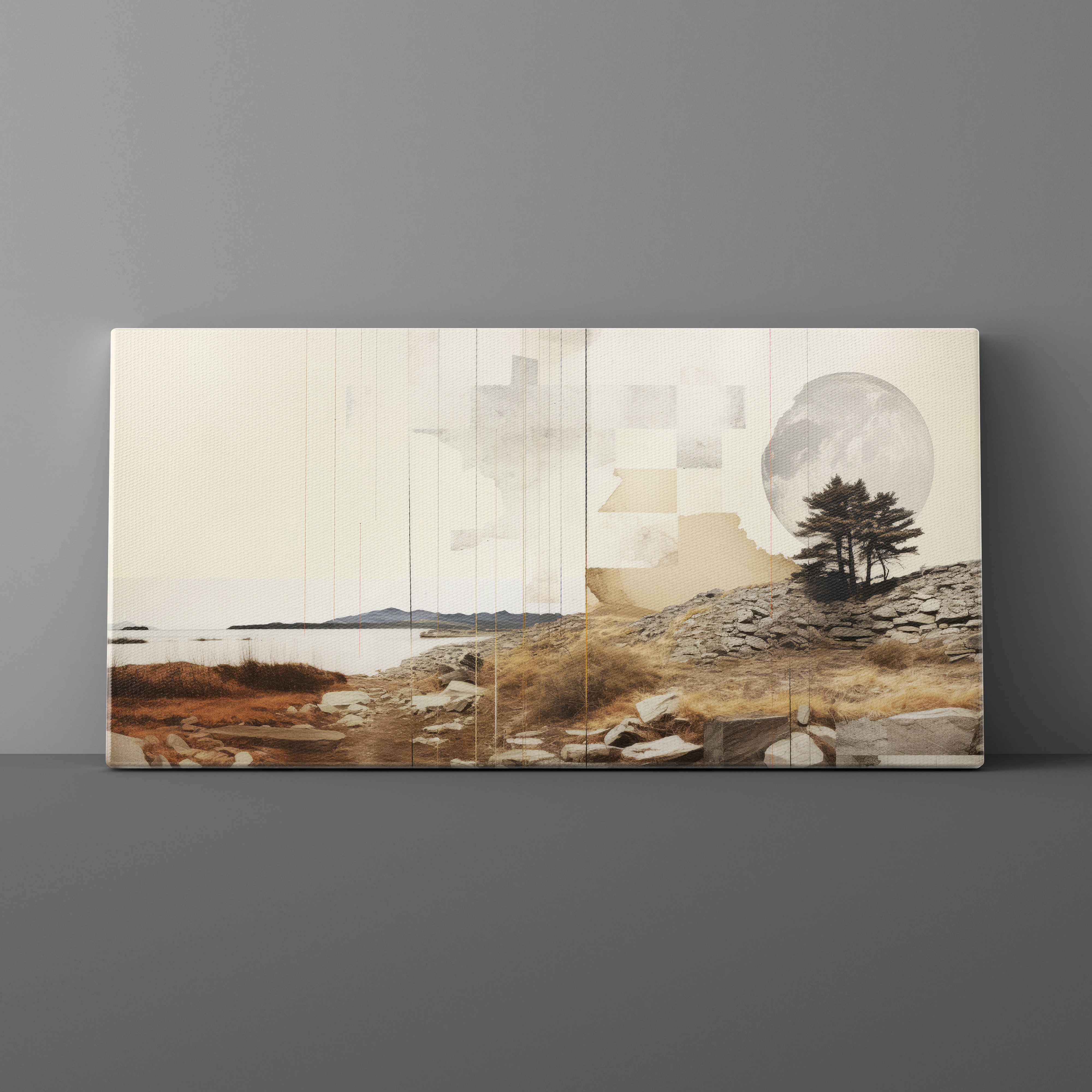 Wooden wall art with a landscape design featuring trees and water on a gray background