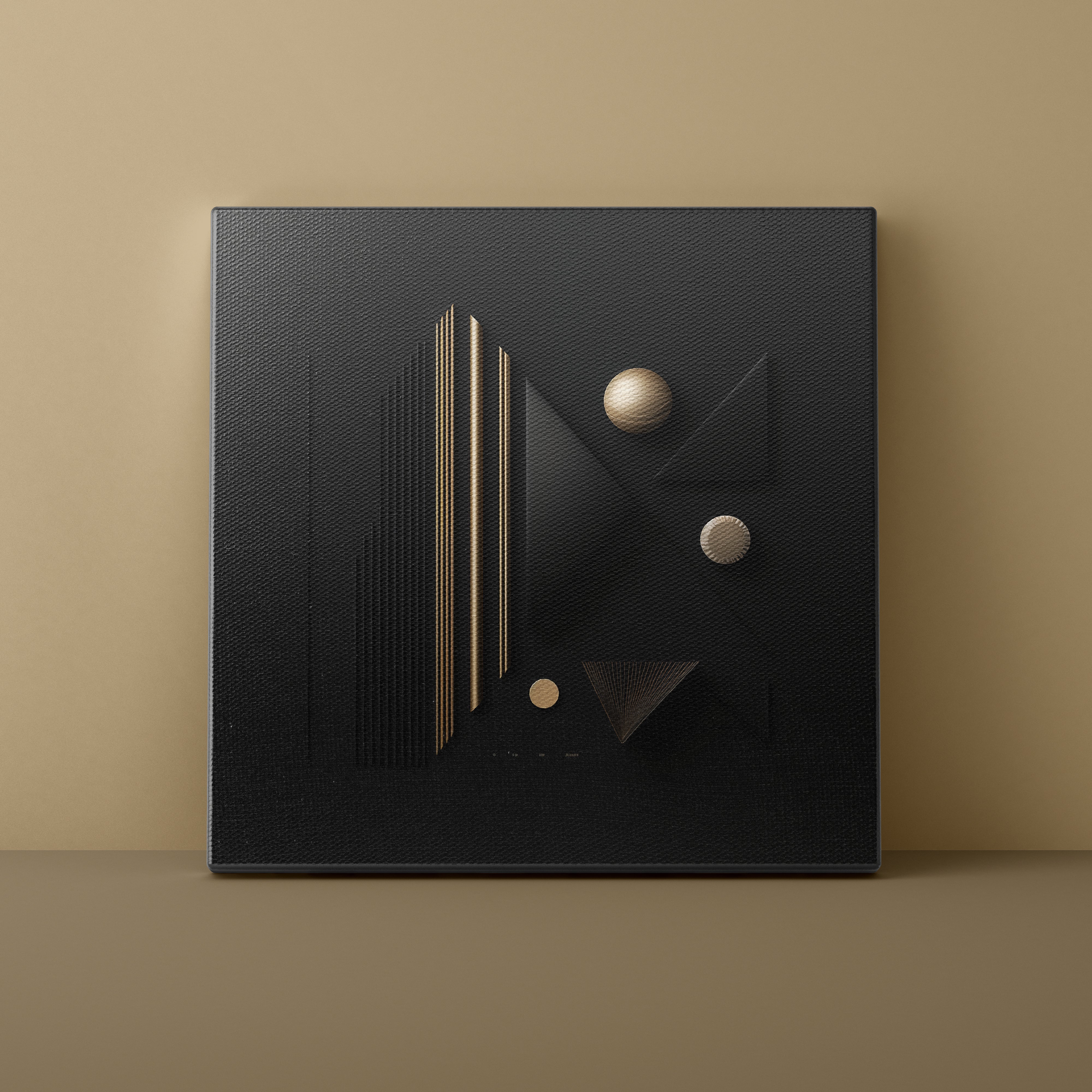 Black textured square object with geometric design on a beige background