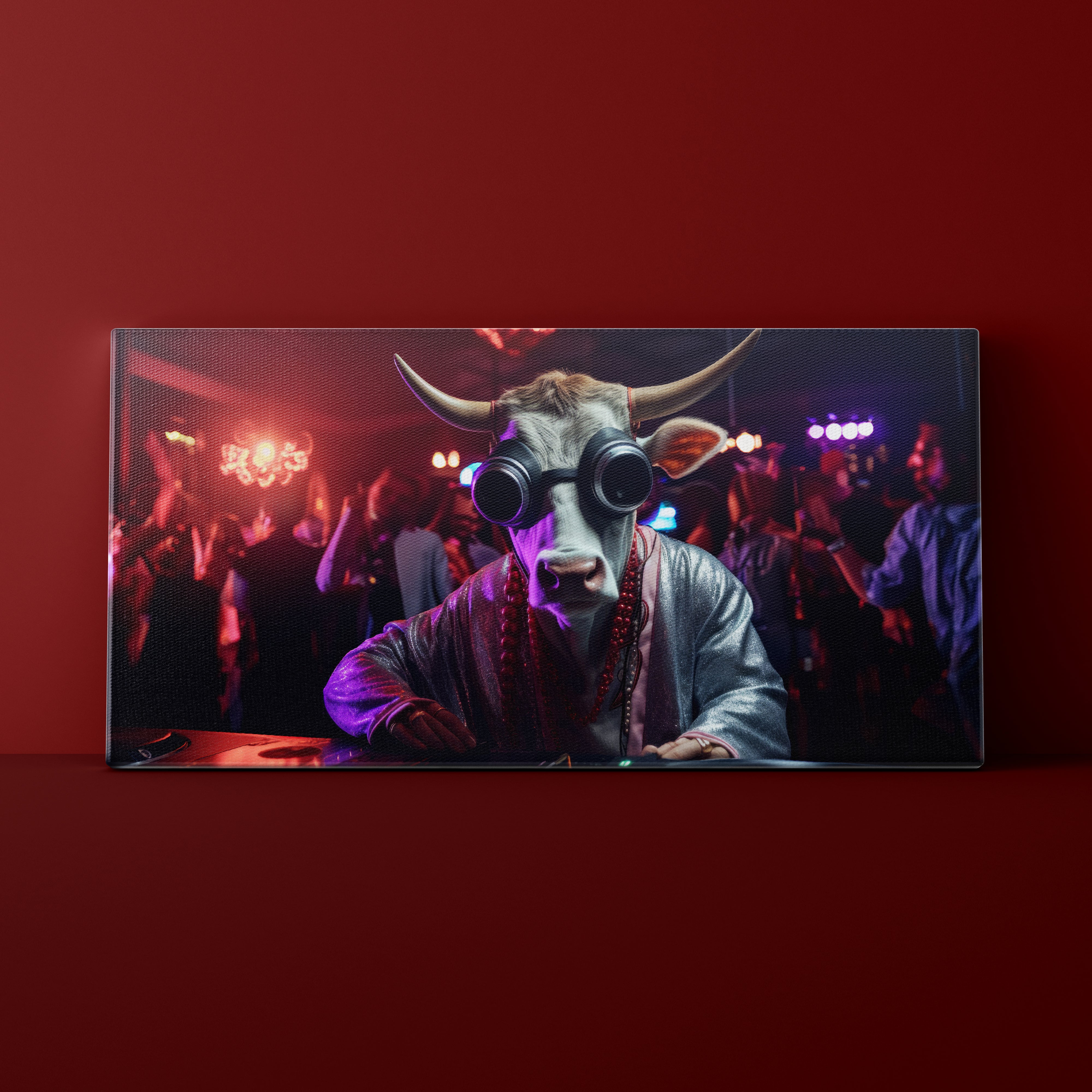 Person wearing a cow mask with goggles in a nightclub setting