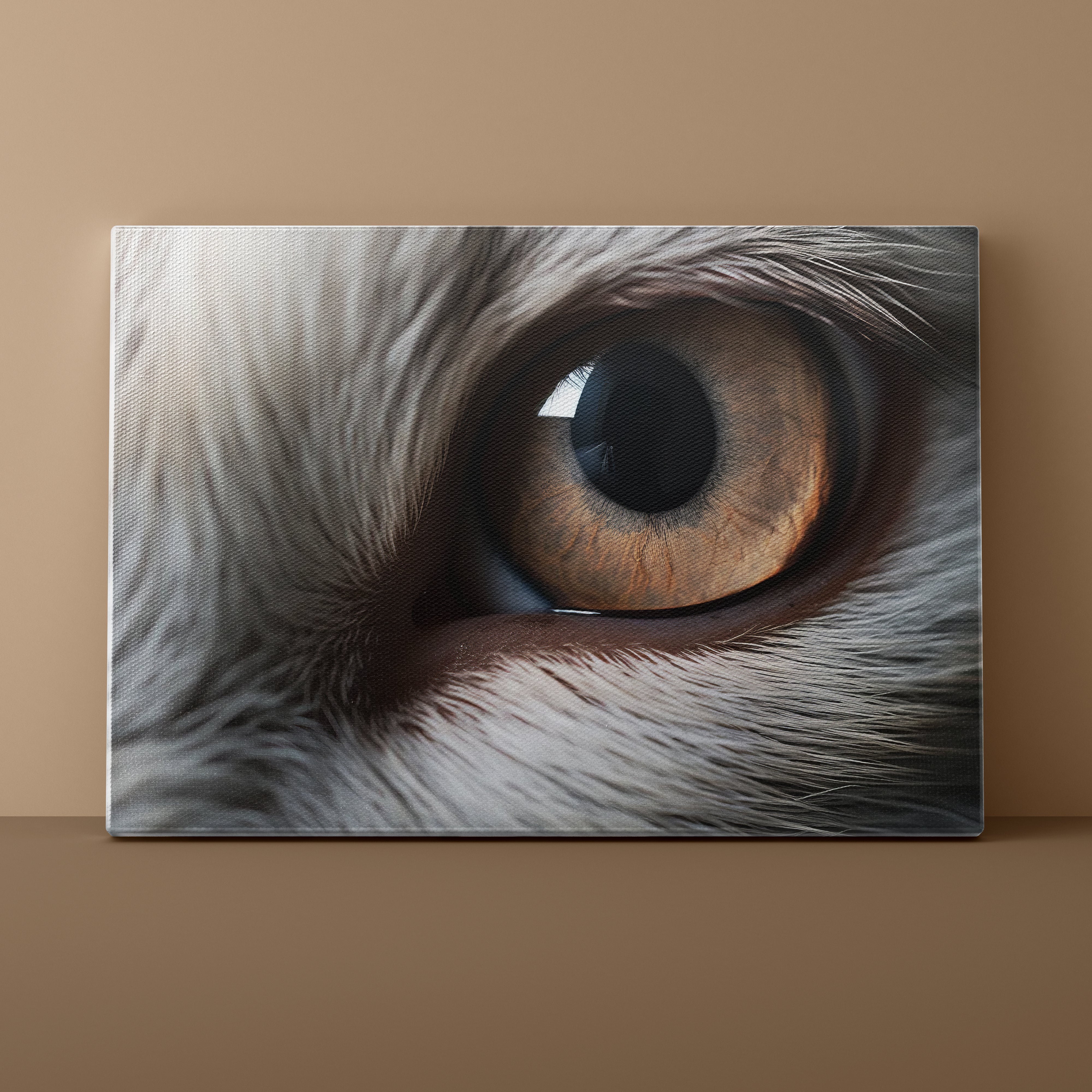 Close-up of a rabbit's brown eye with white fur on a beige background