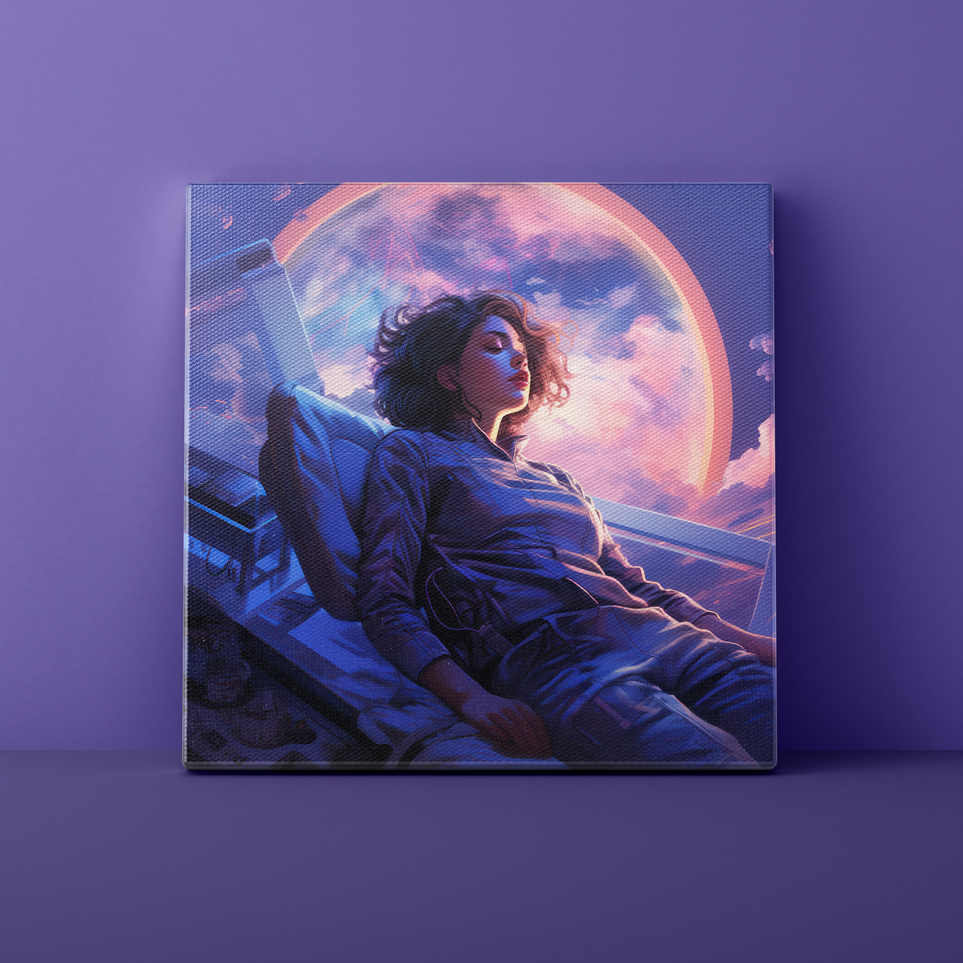 Canvas print of a woman lying in a futuristic spacecraft with a planet view, against a purple background.