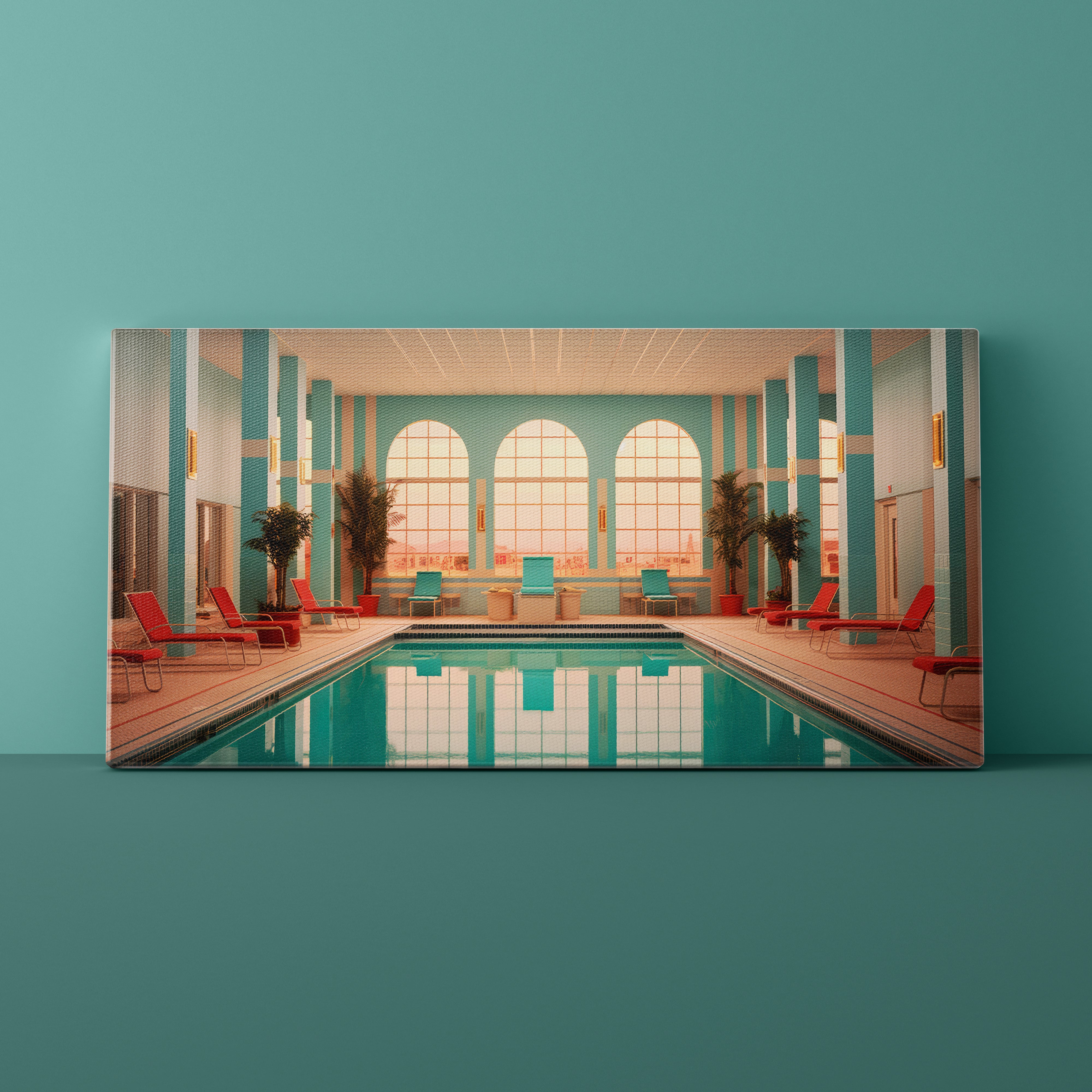 Canvas print of an indoor pool with chairs and large windows on a teal wall.