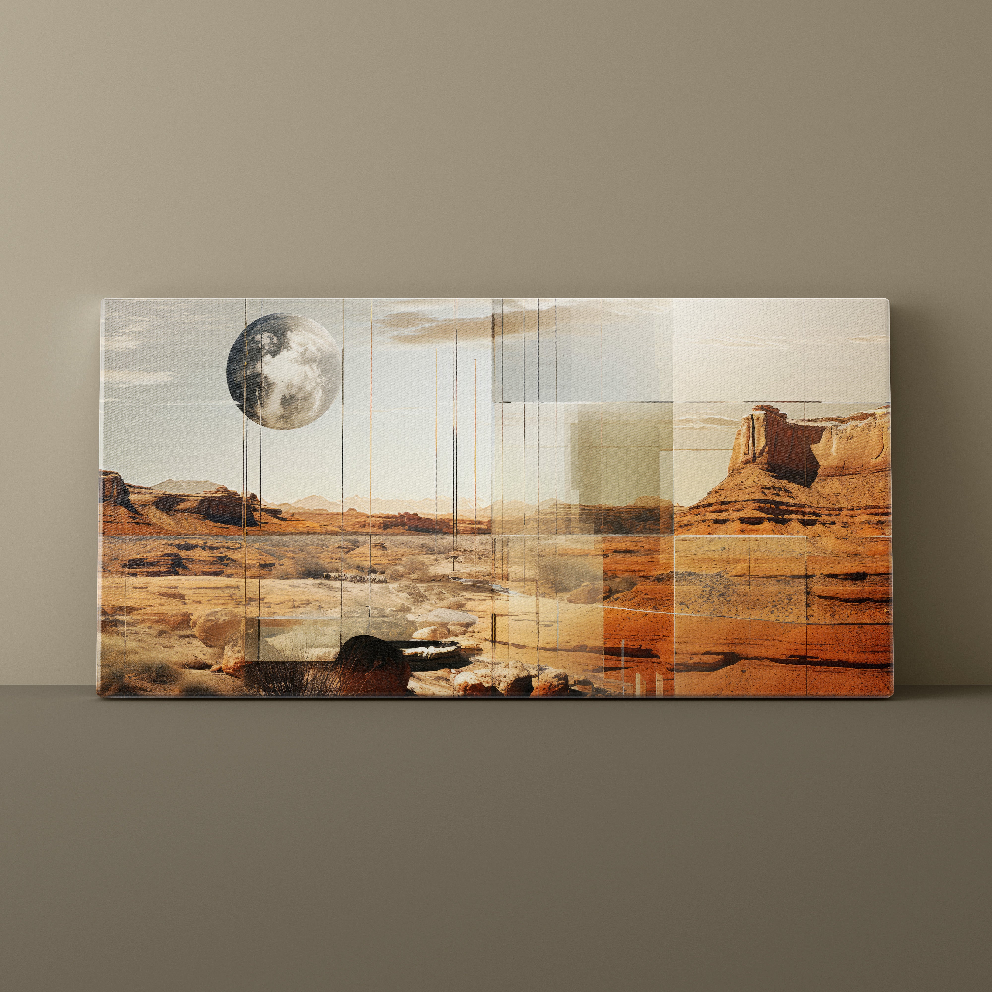 Multiframe artwork of a desert landscape with a moon on a beige wall.