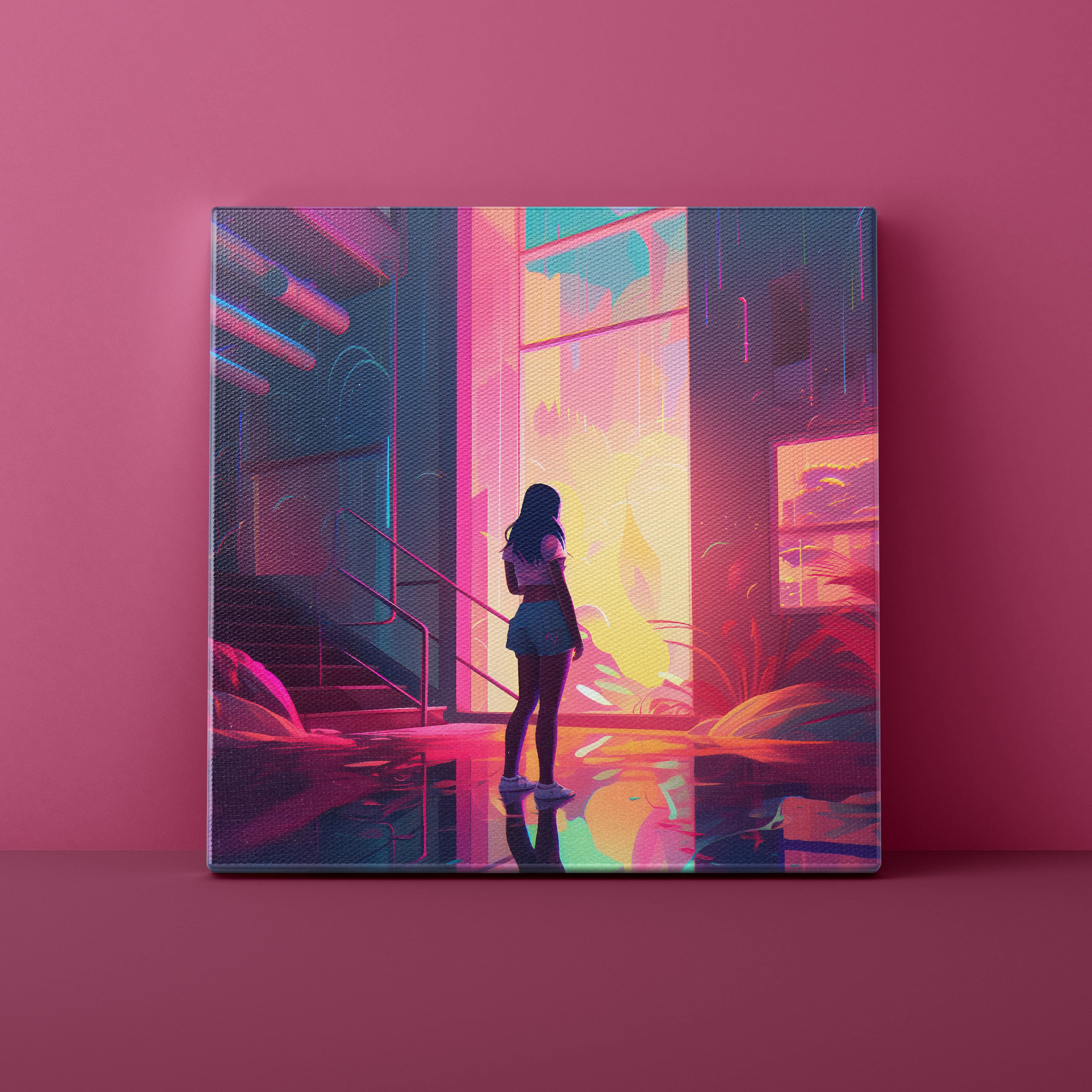 Futuristic interior scene with a person standing in a colorful room on a pink wall.