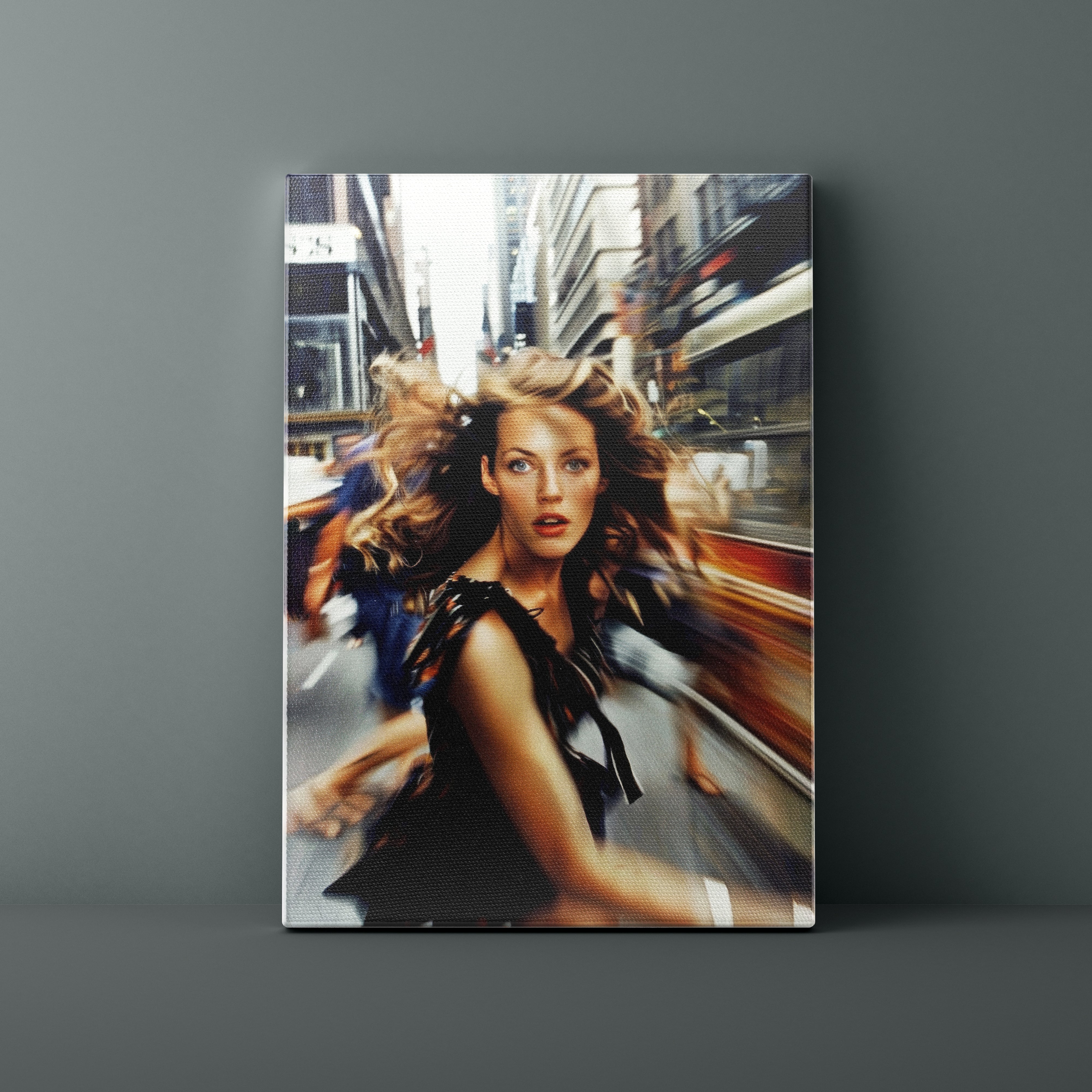 Canvas print of a woman in a city street with blurred motion effect