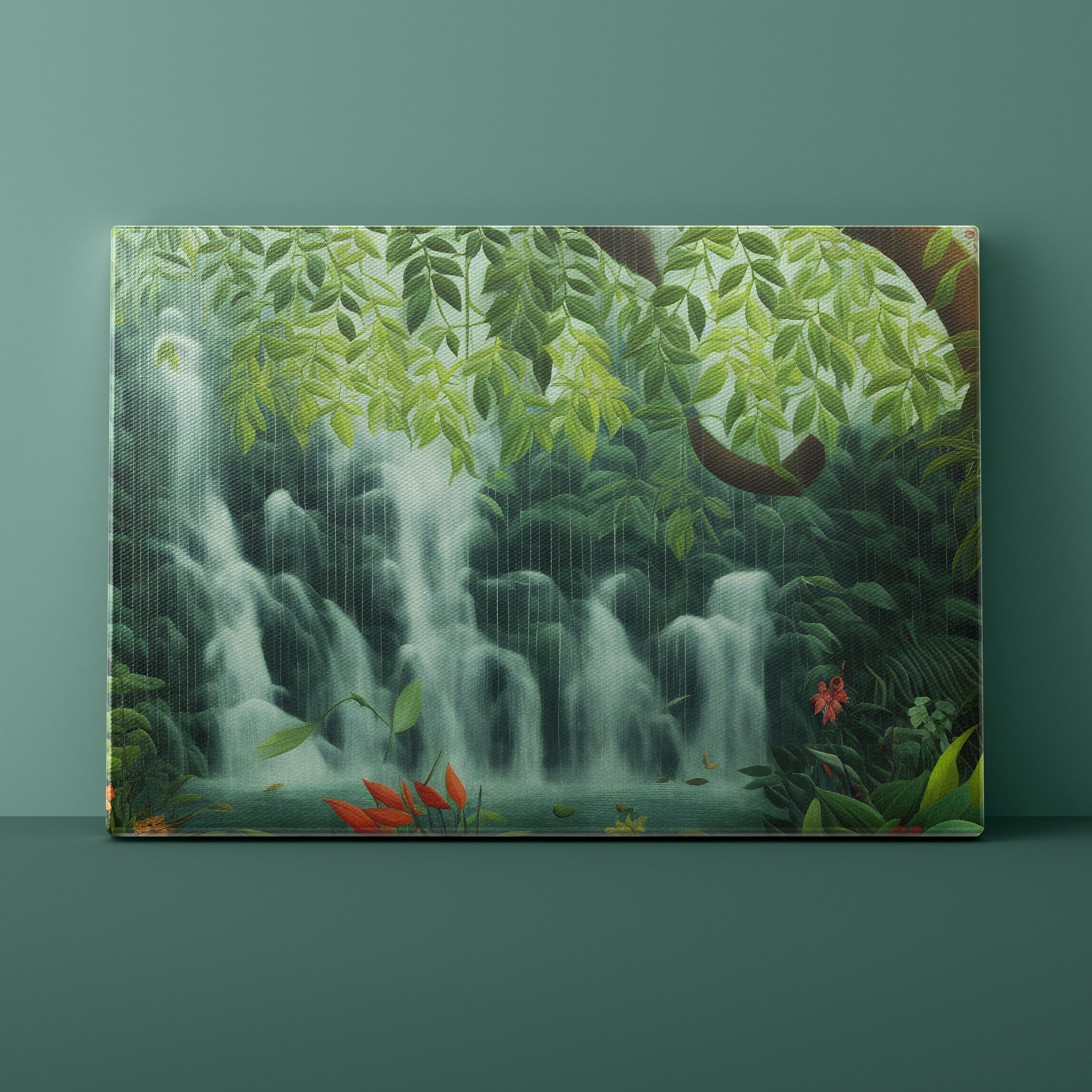 Waterfall surrounded by lush greenery and colorful flowers in a tropical setting