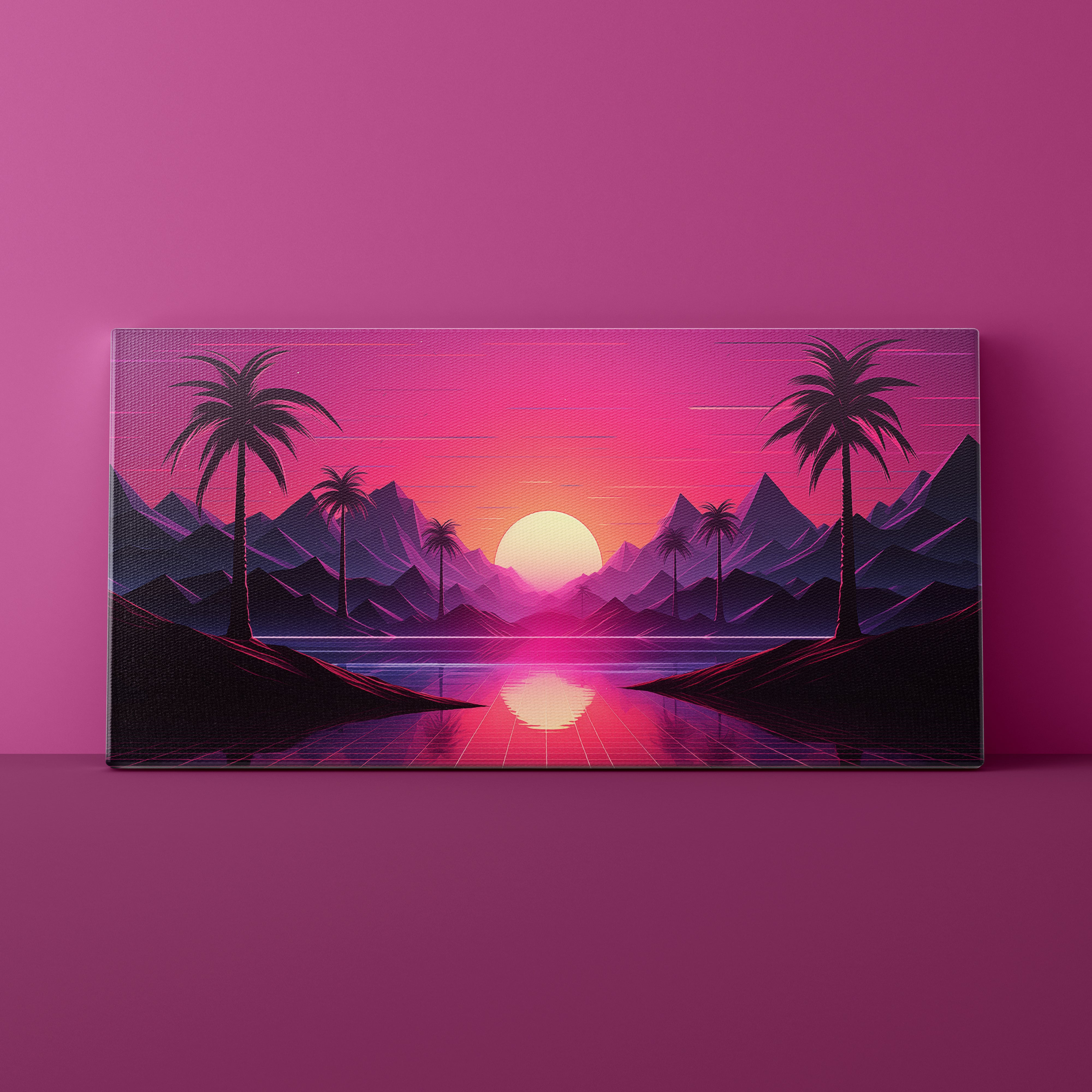 Futuristic landscape with palm trees and a sun on a pink and purple gradient background