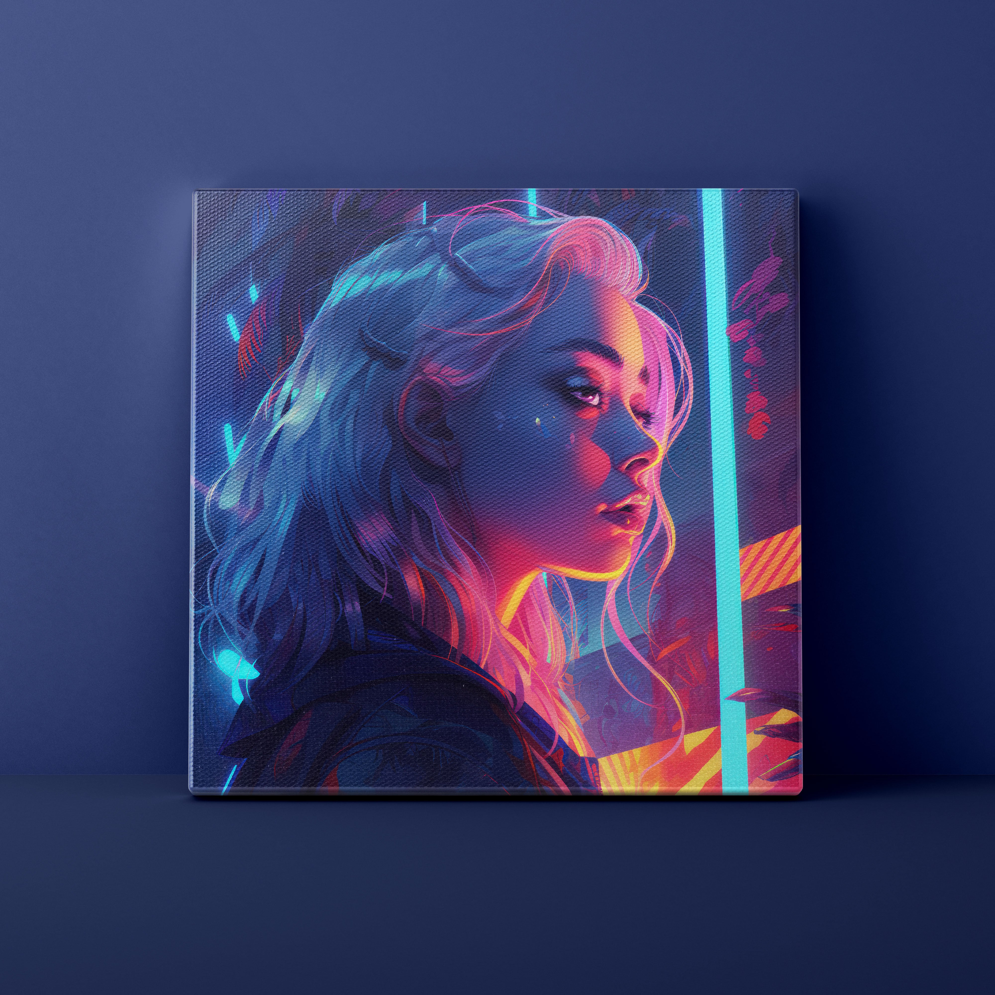 Canvas print of a stylized portrait with neon lights on a dark blue background