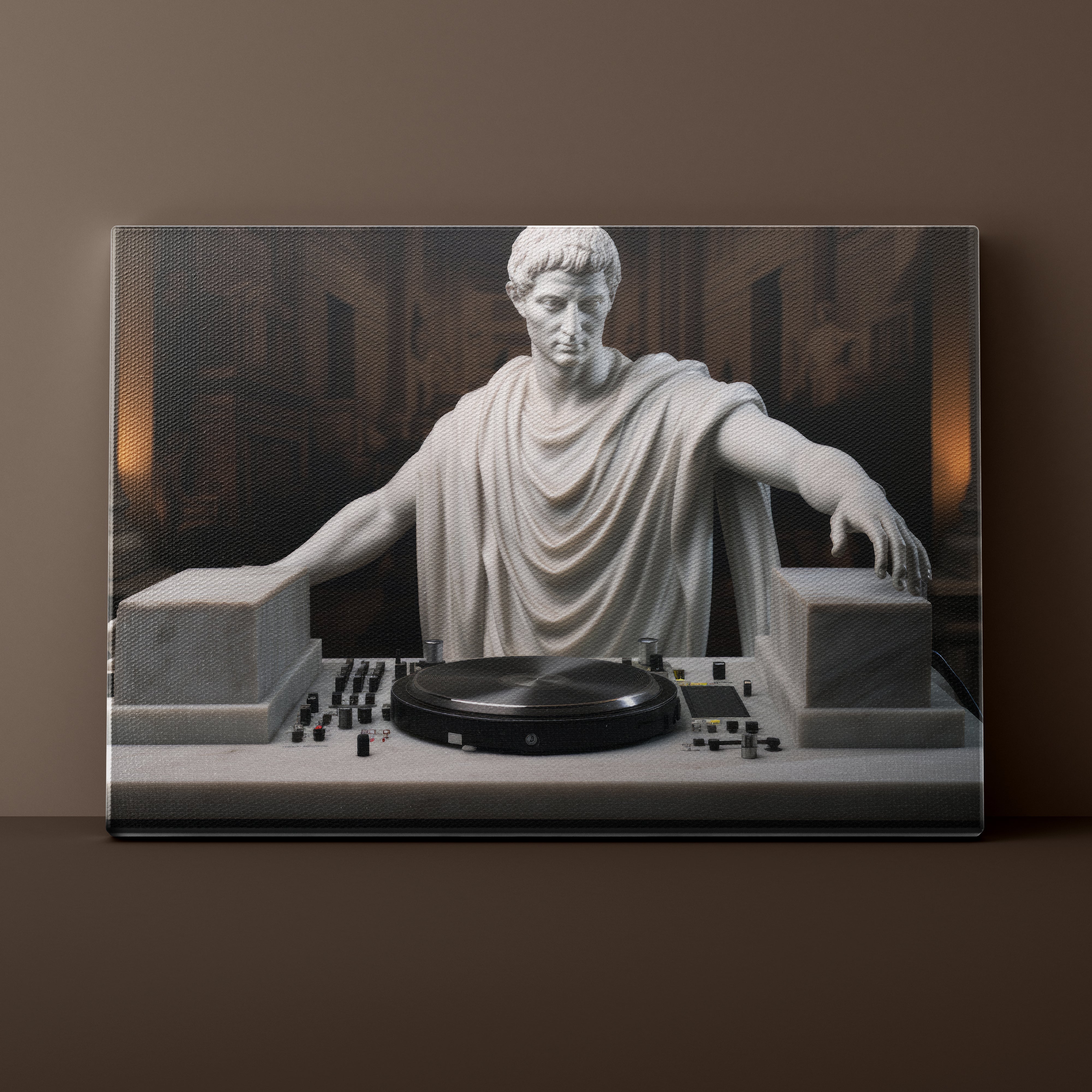 Statue of a Roman emperor DJing with turntables on a dark background
