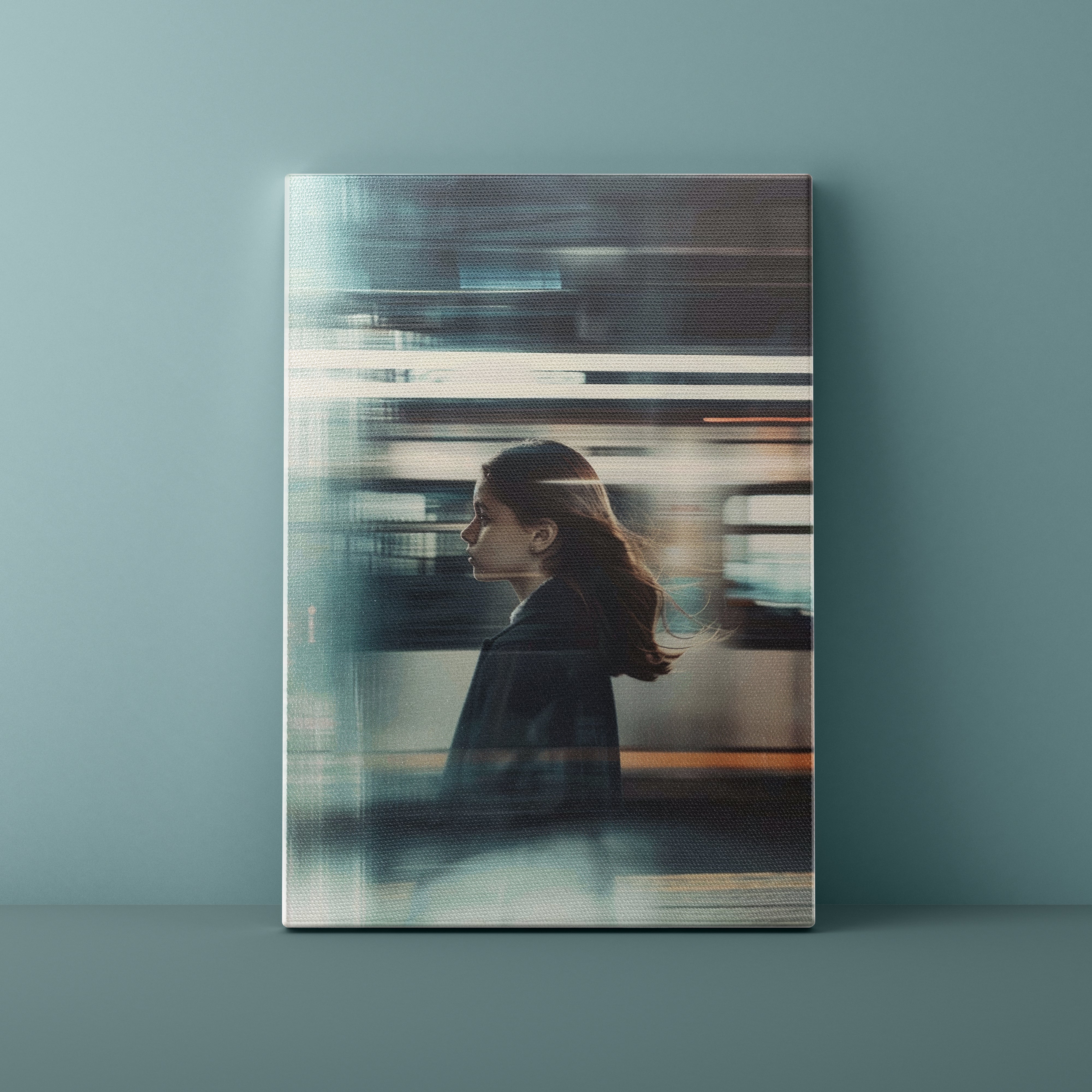 Abstract art print of a woman in a blurred urban setting on a teal wall.