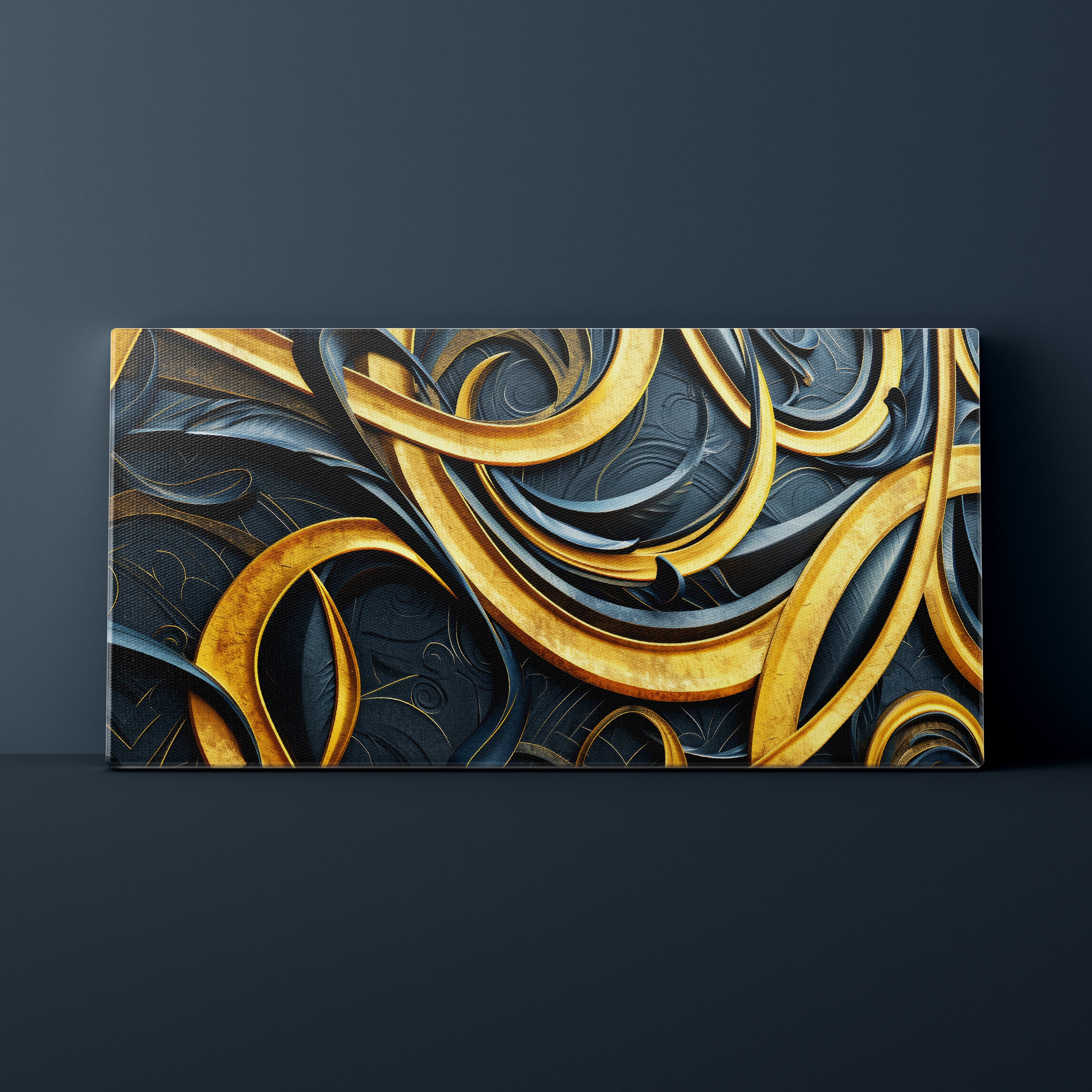 Abstract artwork with gold and black swirling patterns on a dark background