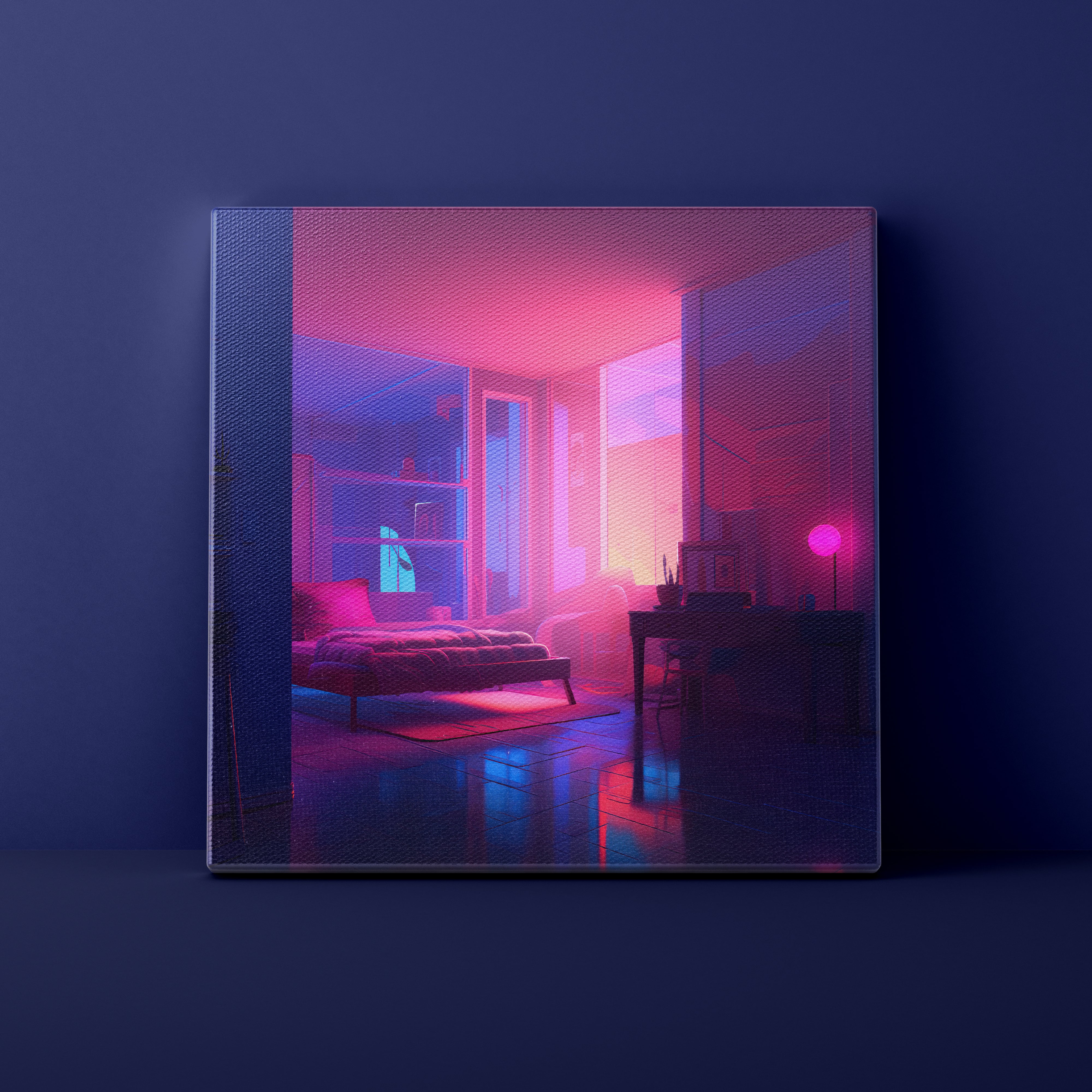 Framed artwork of a futuristic living room with vibrant pink and blue lighting.