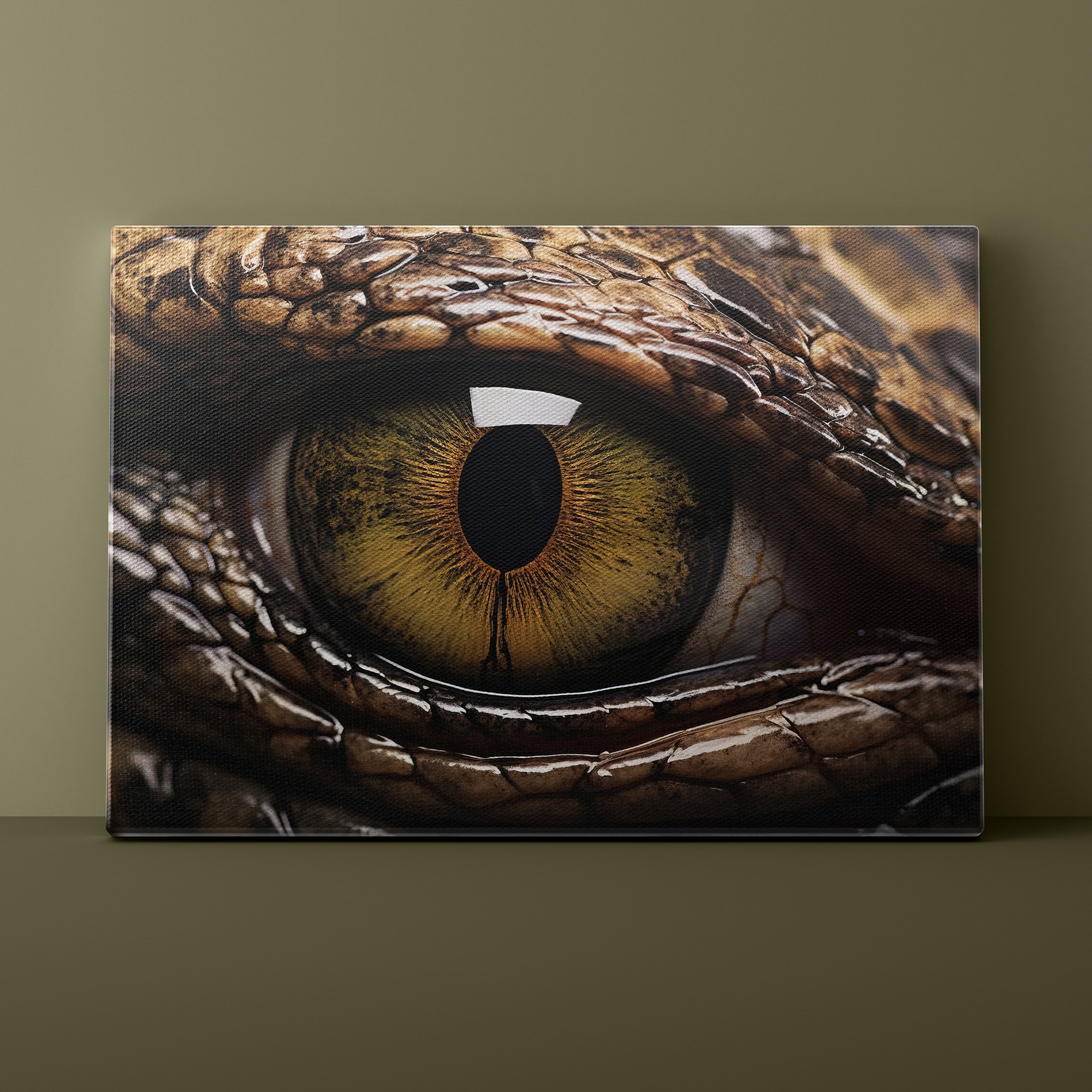 Canvas print of a detailed Crocodile's eye on a green wall