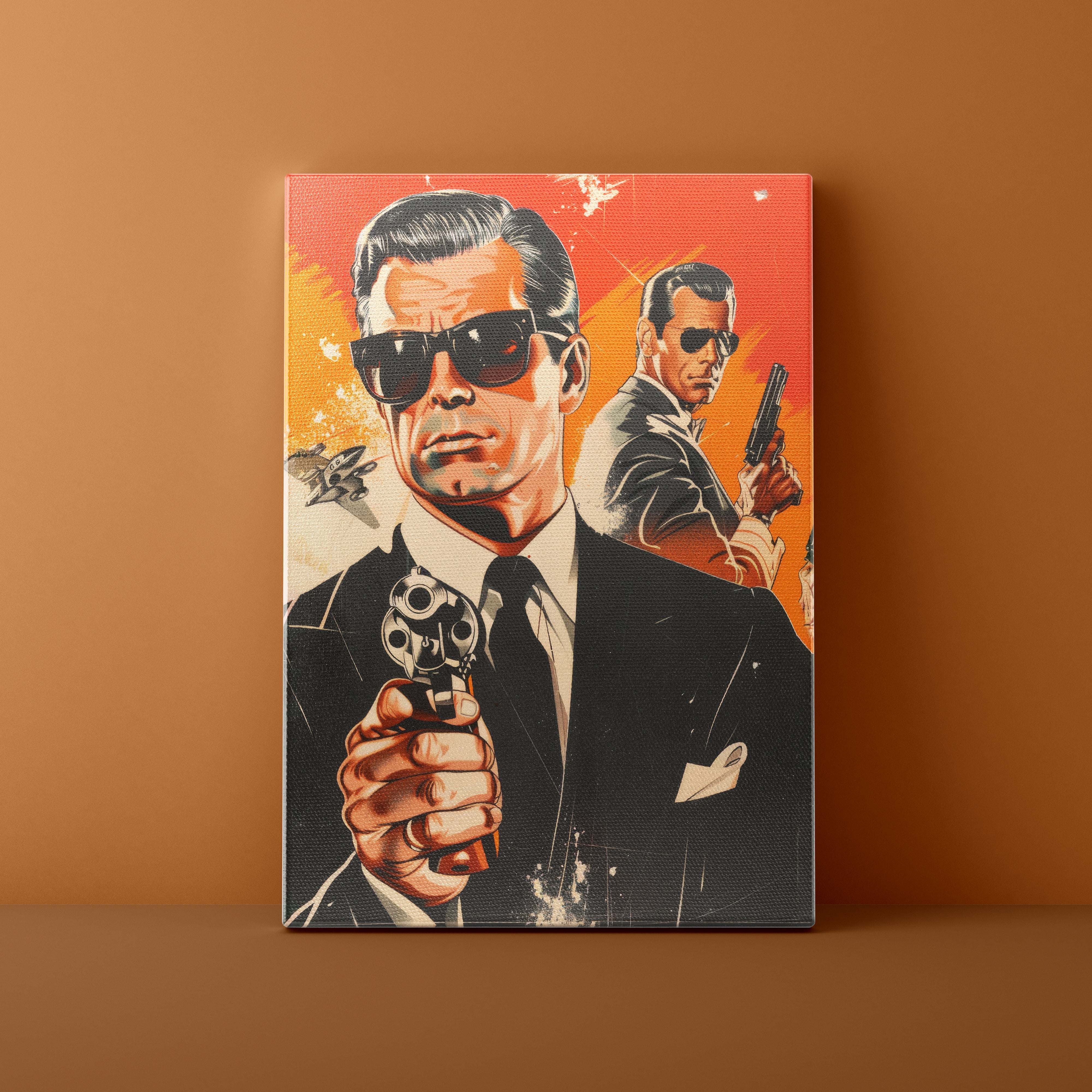 Canvas print with a stylized illustration of a man in a suit holding a gun on a brown background