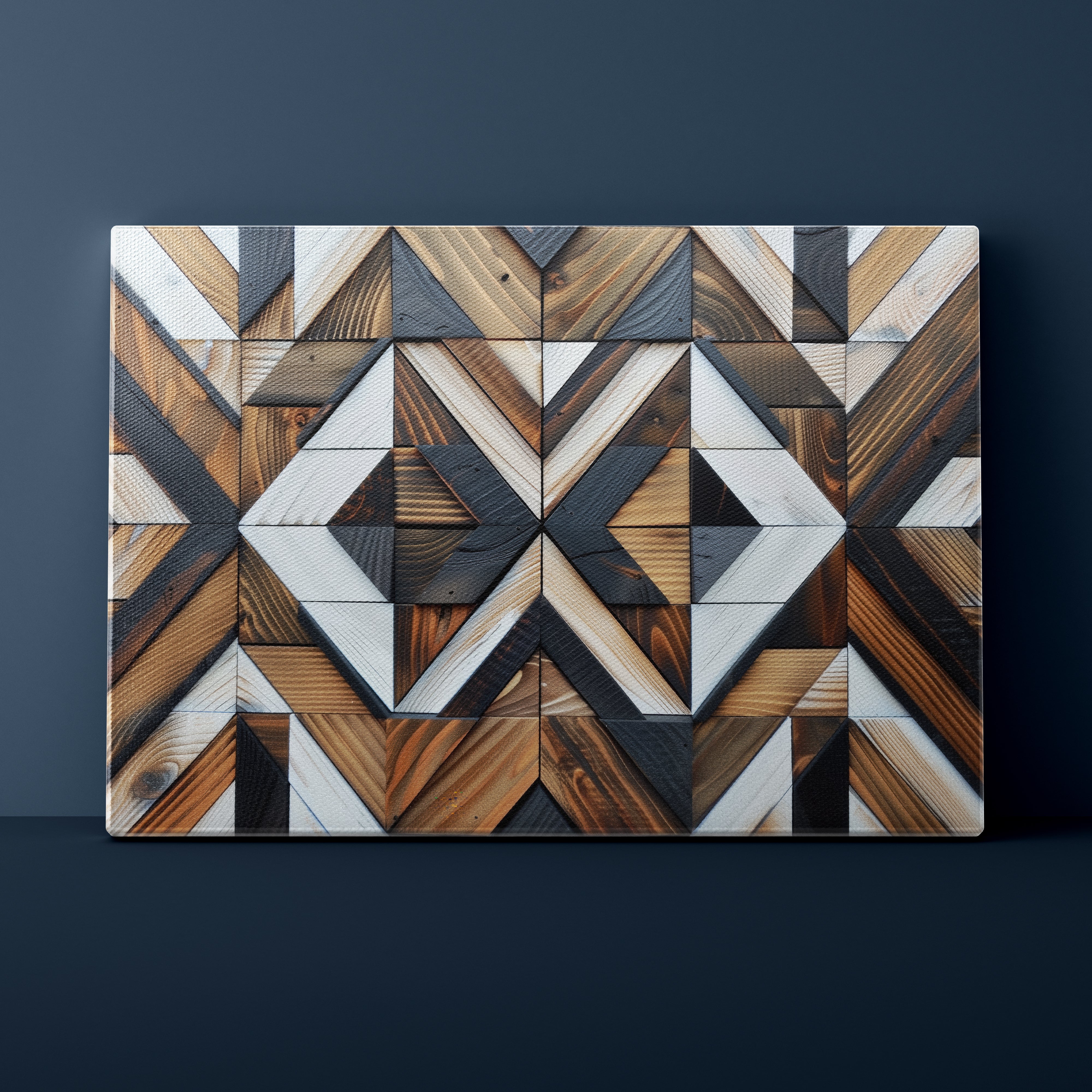 Wooden wall art with geometric pattern on a dark background
