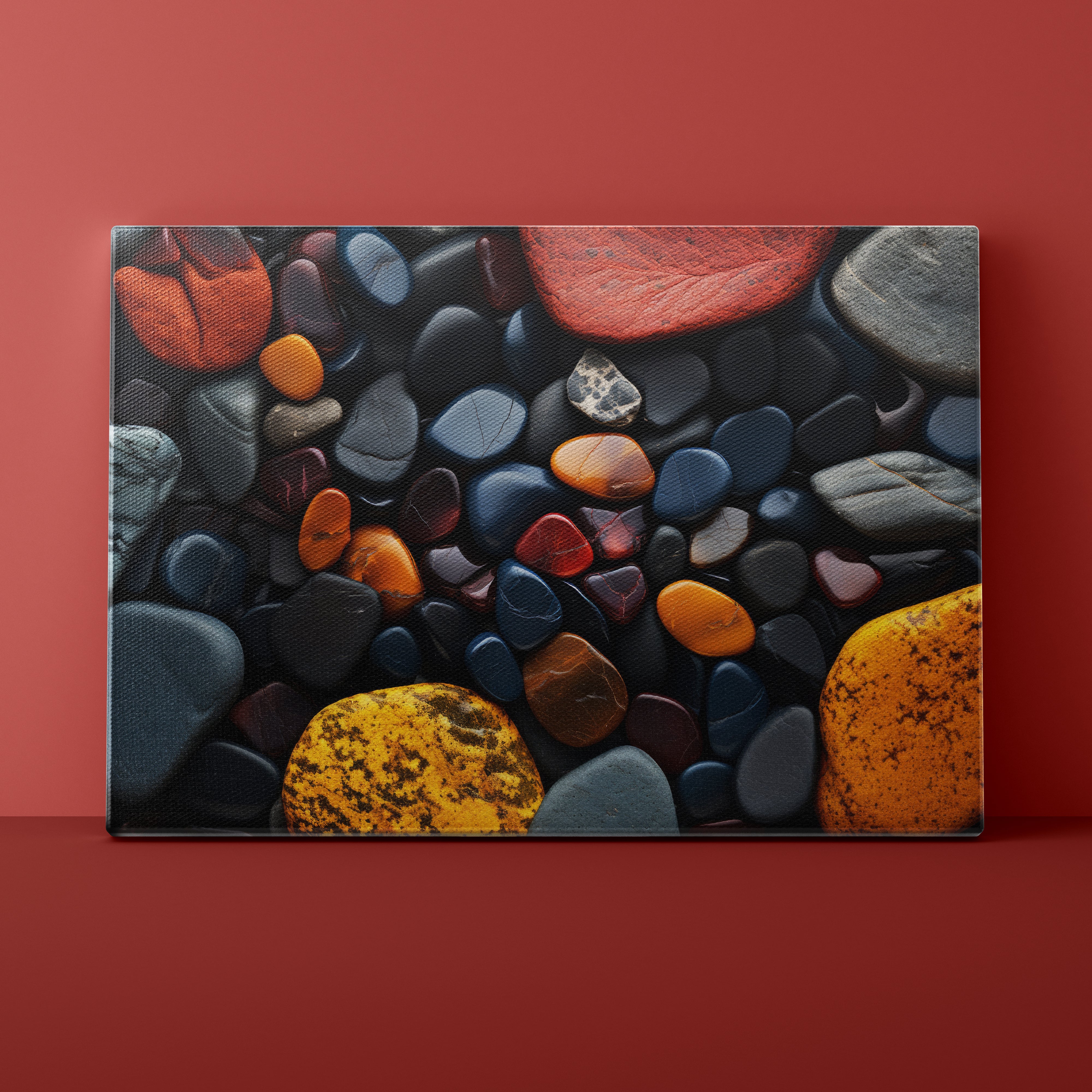 Canvas print of multicolored stones against a red wall