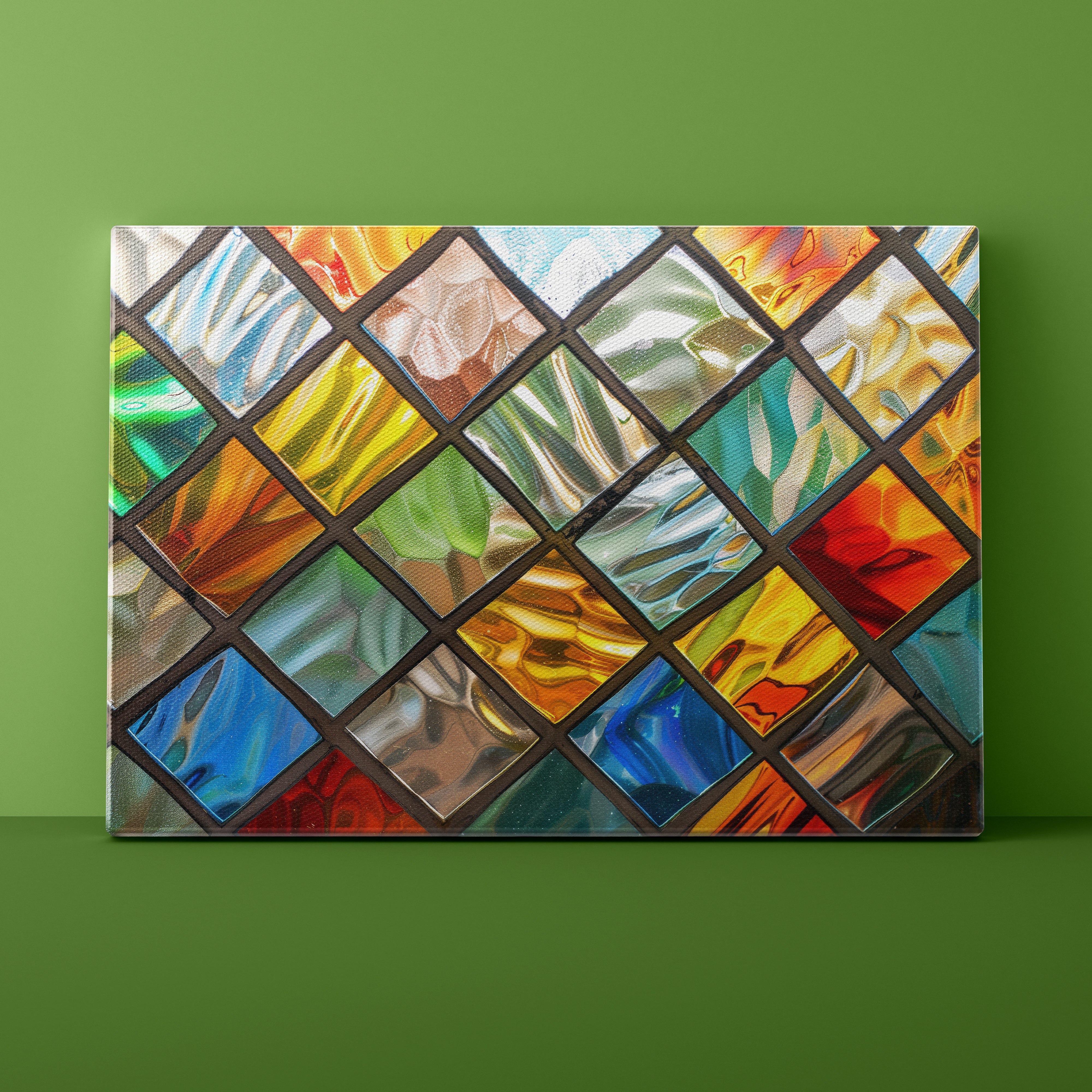 Colorful diamond pattern artwork on a green background