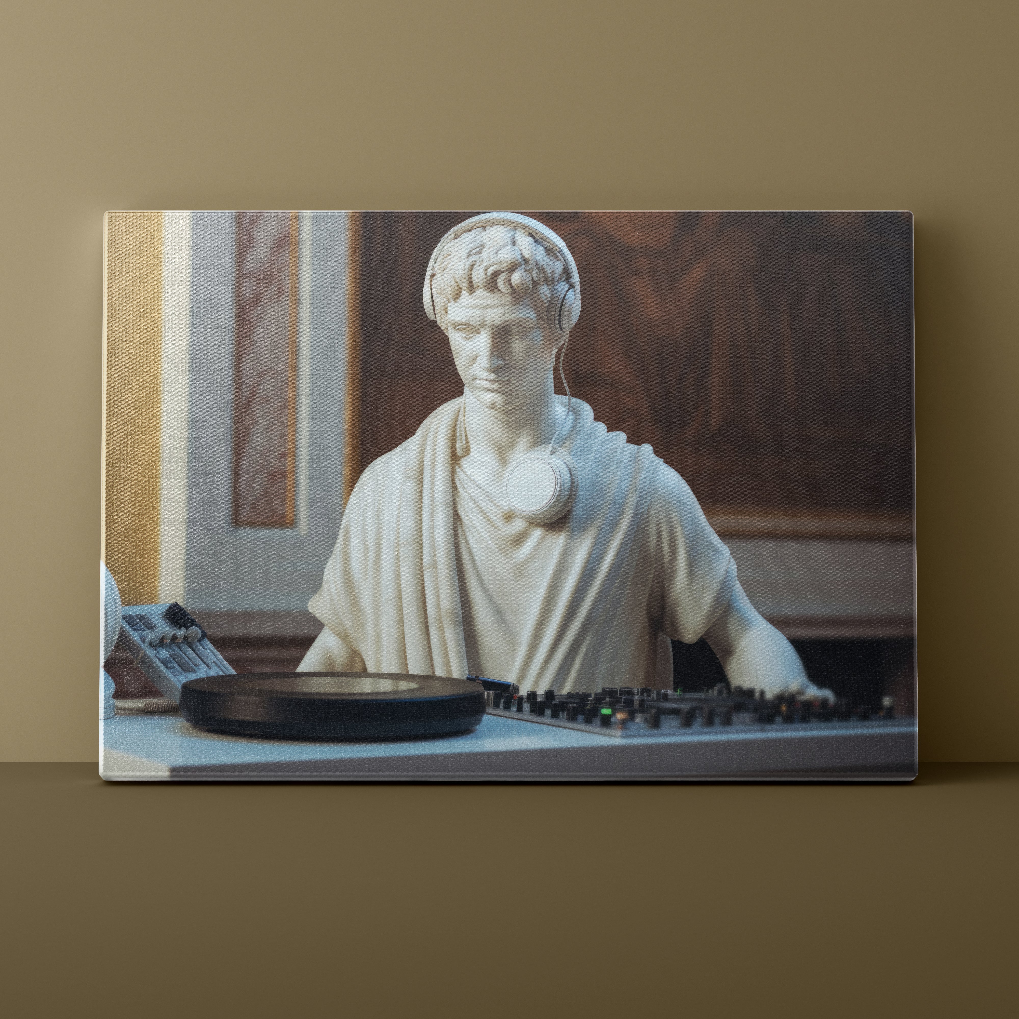 Statue of a classical figure with modern DJ equipment on a brown background