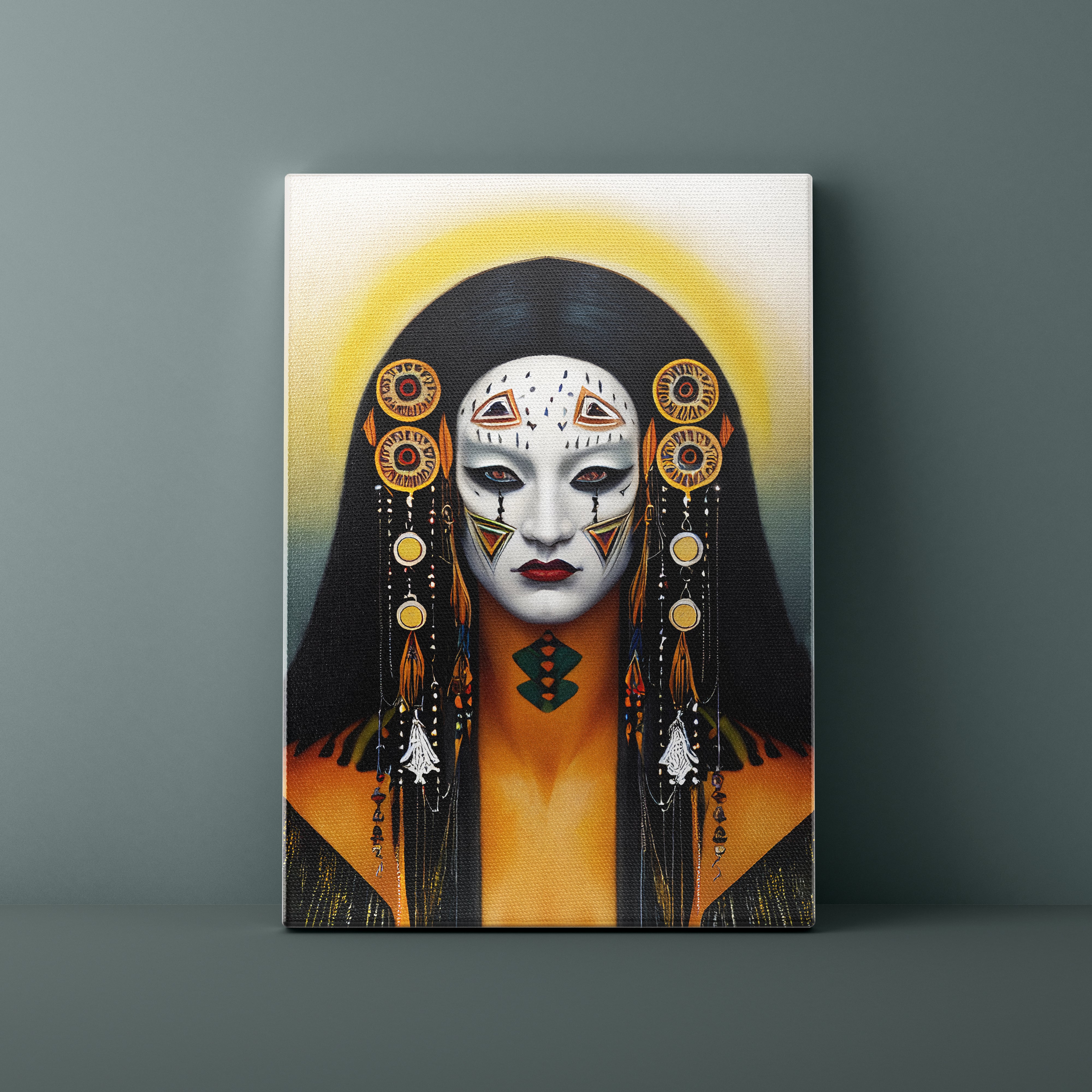 Canvas print of a stylized portrait with decorative elements on a gray background