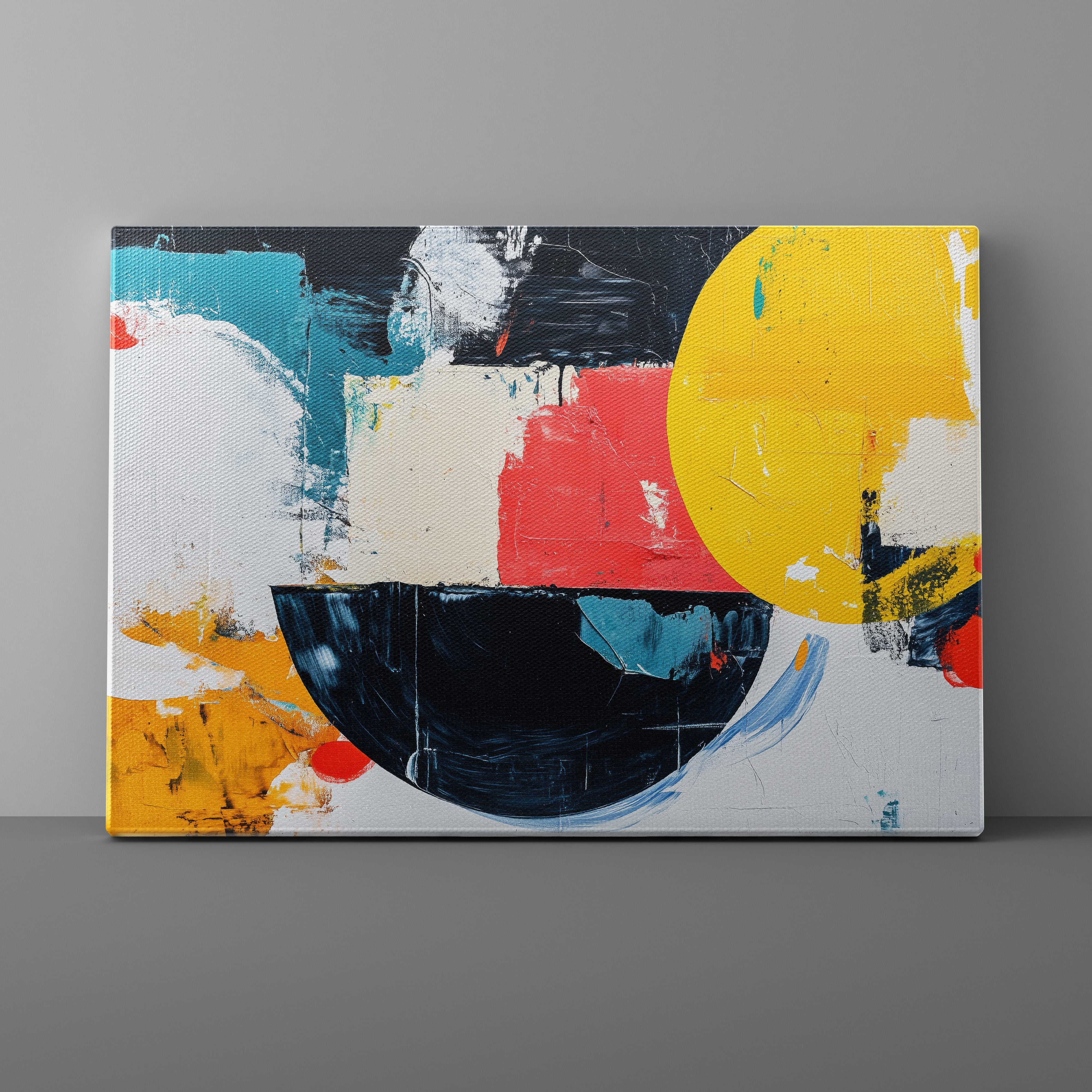 Abstract painting with geometric shapes on a gray background