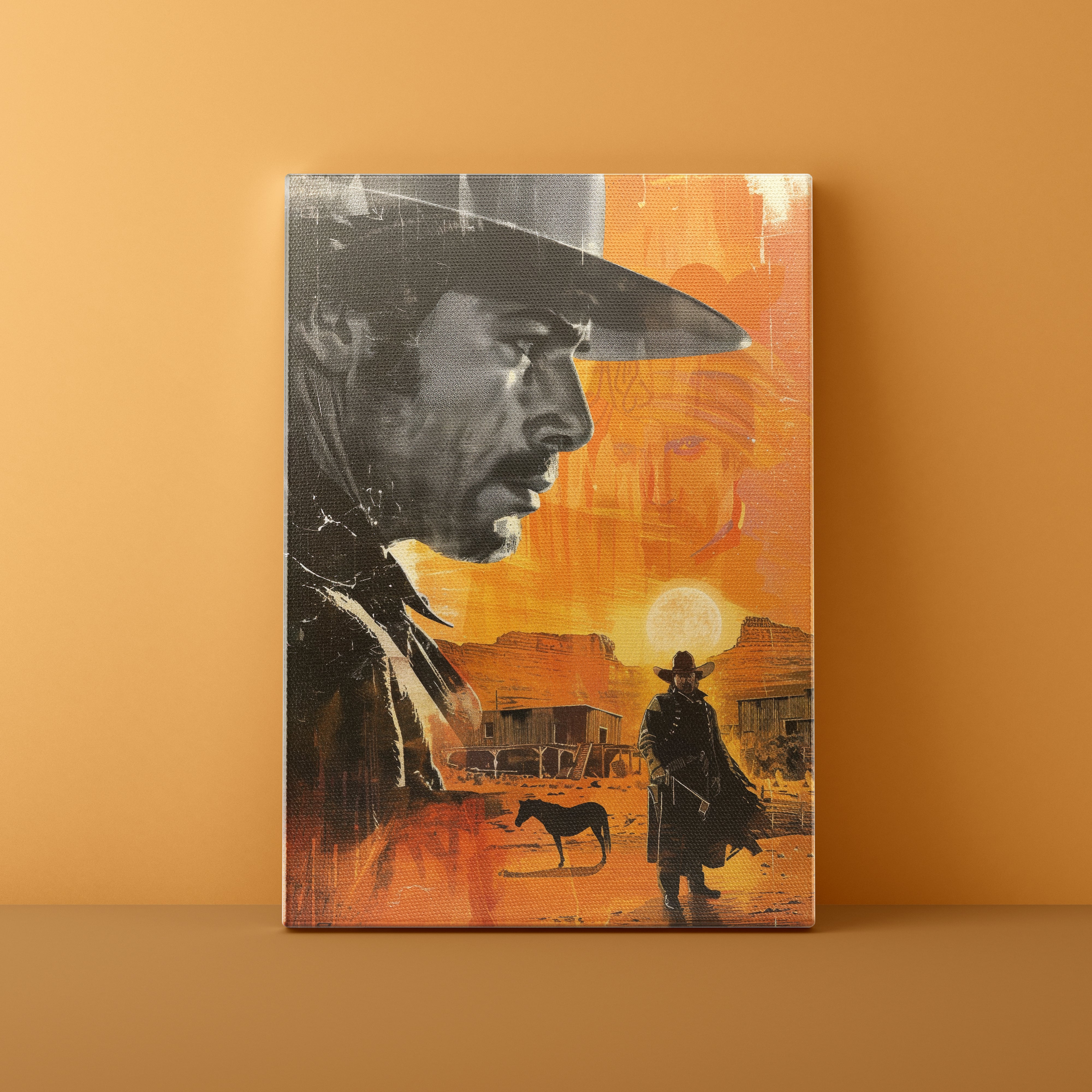 Canvas print with a cowboy and horse scene on an orange background