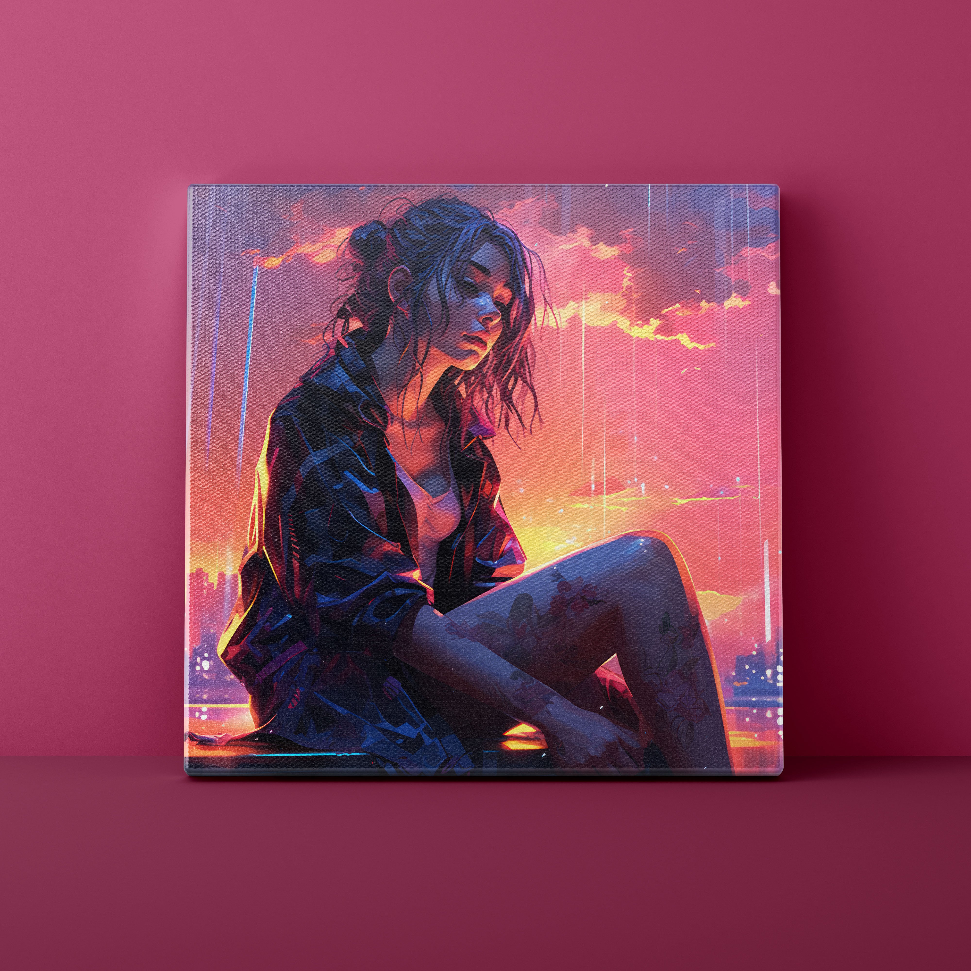 Canvas print of a stylized woman against a vibrant, futuristic cityscape with a pinkish-purple hue.