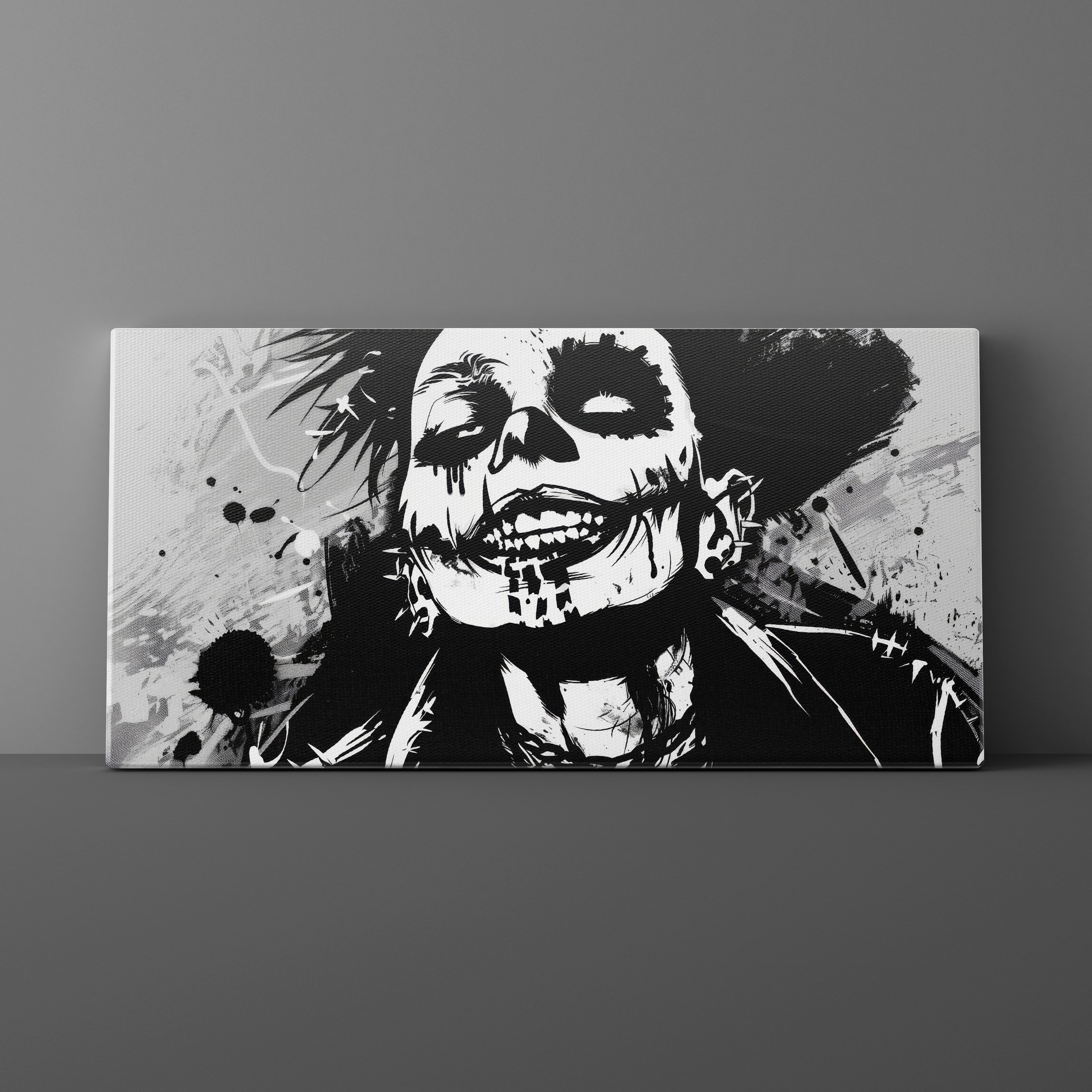 Canvas print with a black and white illustration of a skeleton on a gray background