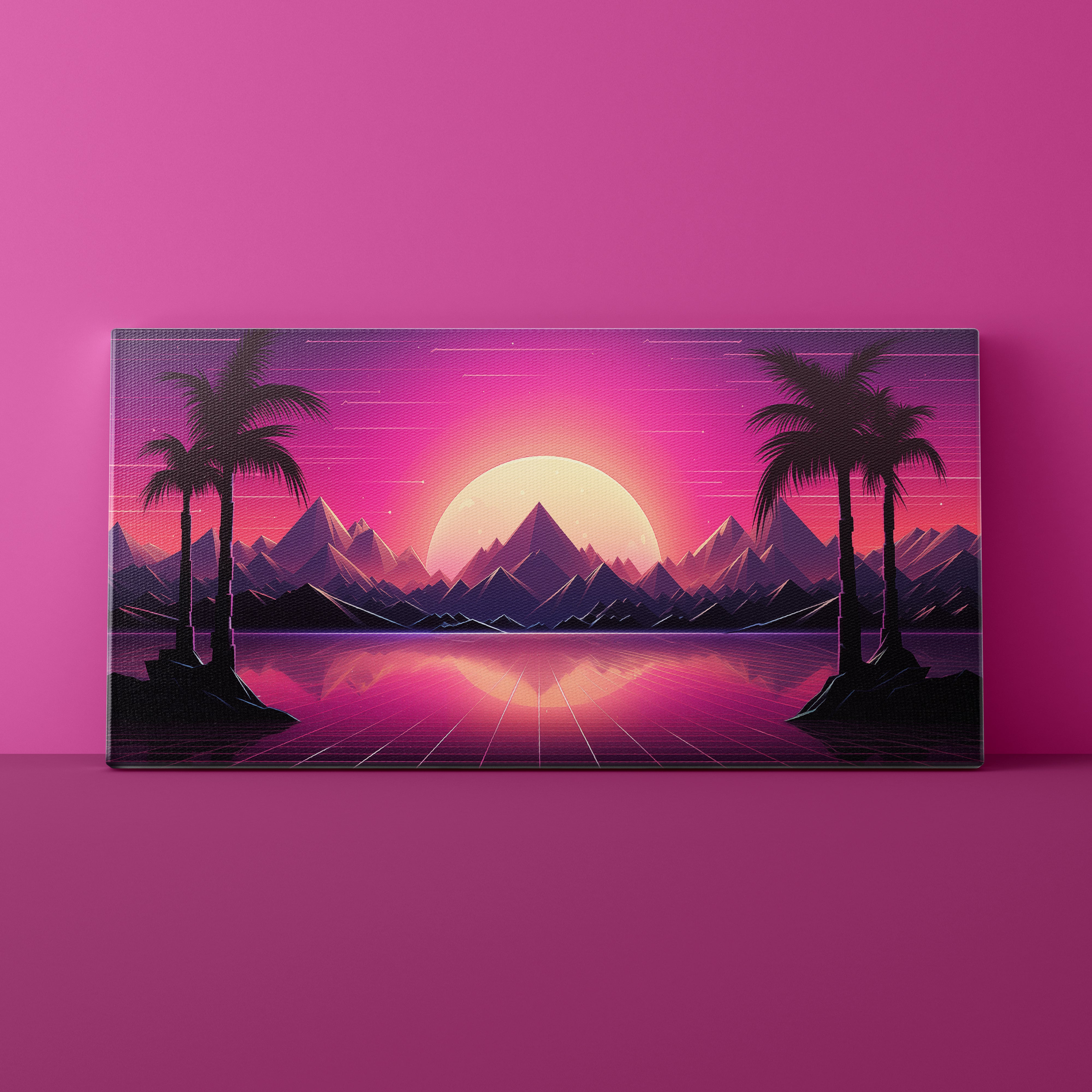 Futuristic landscape with palm trees, mountains, and a pink sun on a purple background